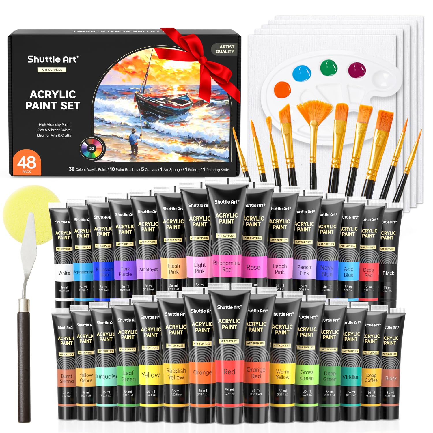 Shuttle Art 48 Pack Acrylic Paint Set, 30 Colours Acrylic Paint (36ml) with 10 Brushes 5 Canvas 1 Palette 1 Sponge, Complete Set for Kids, Adults Painting Kit on Canvas Rocks Wood Ceramic