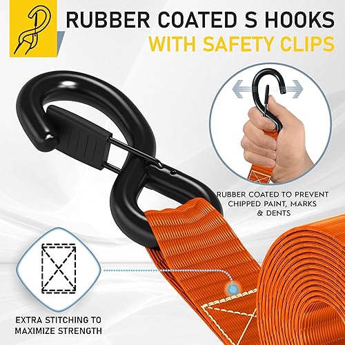 Miniatura 3 de AUGO - 4 correas de trinquete resistentes y bucles suaves, de 1.5 pulgadas por 10 pies con cierres de seguridad de gancho en S y 4 amarres de bucle