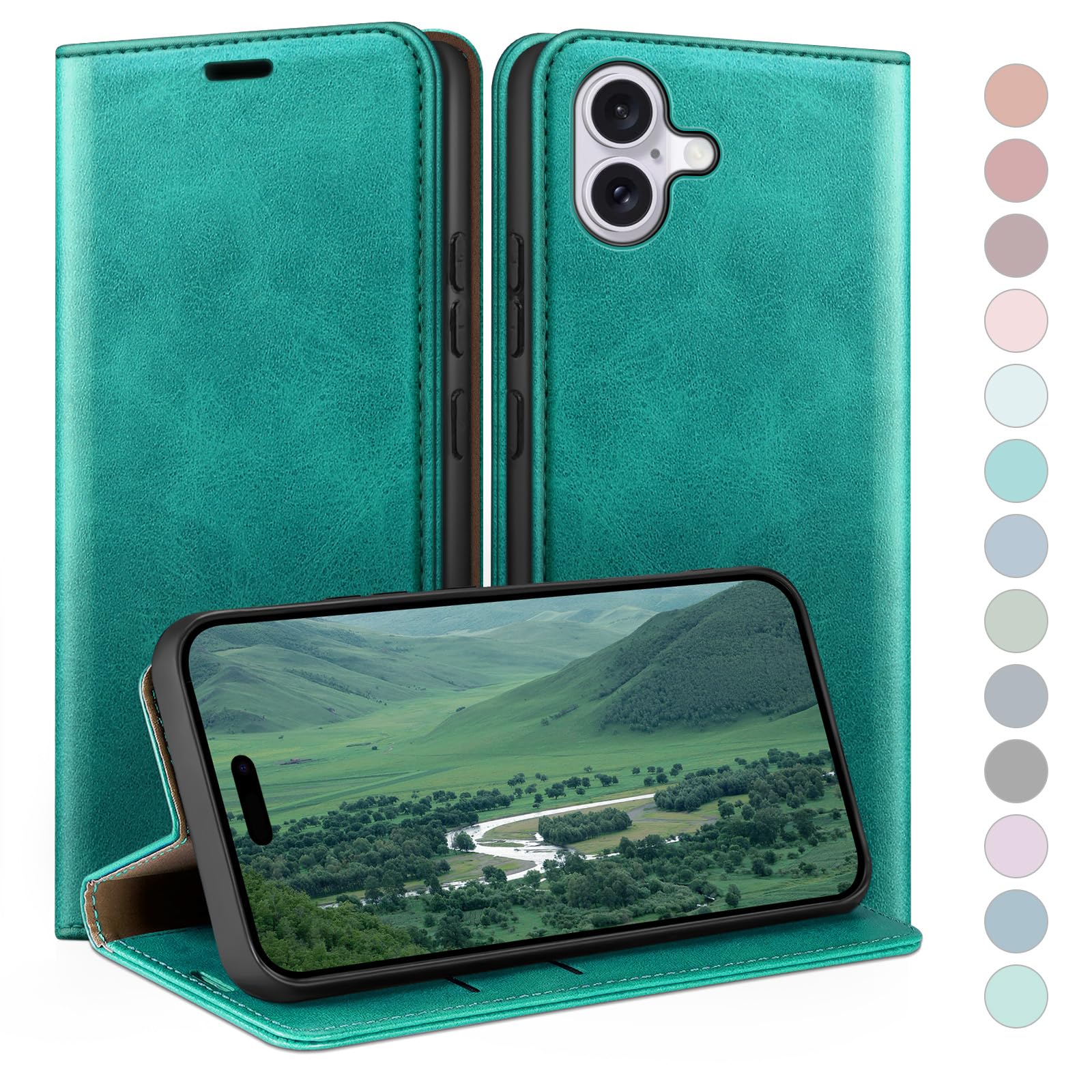 Coque iPhone 17 anti RFID protection intégrale portefeuille bleu vert