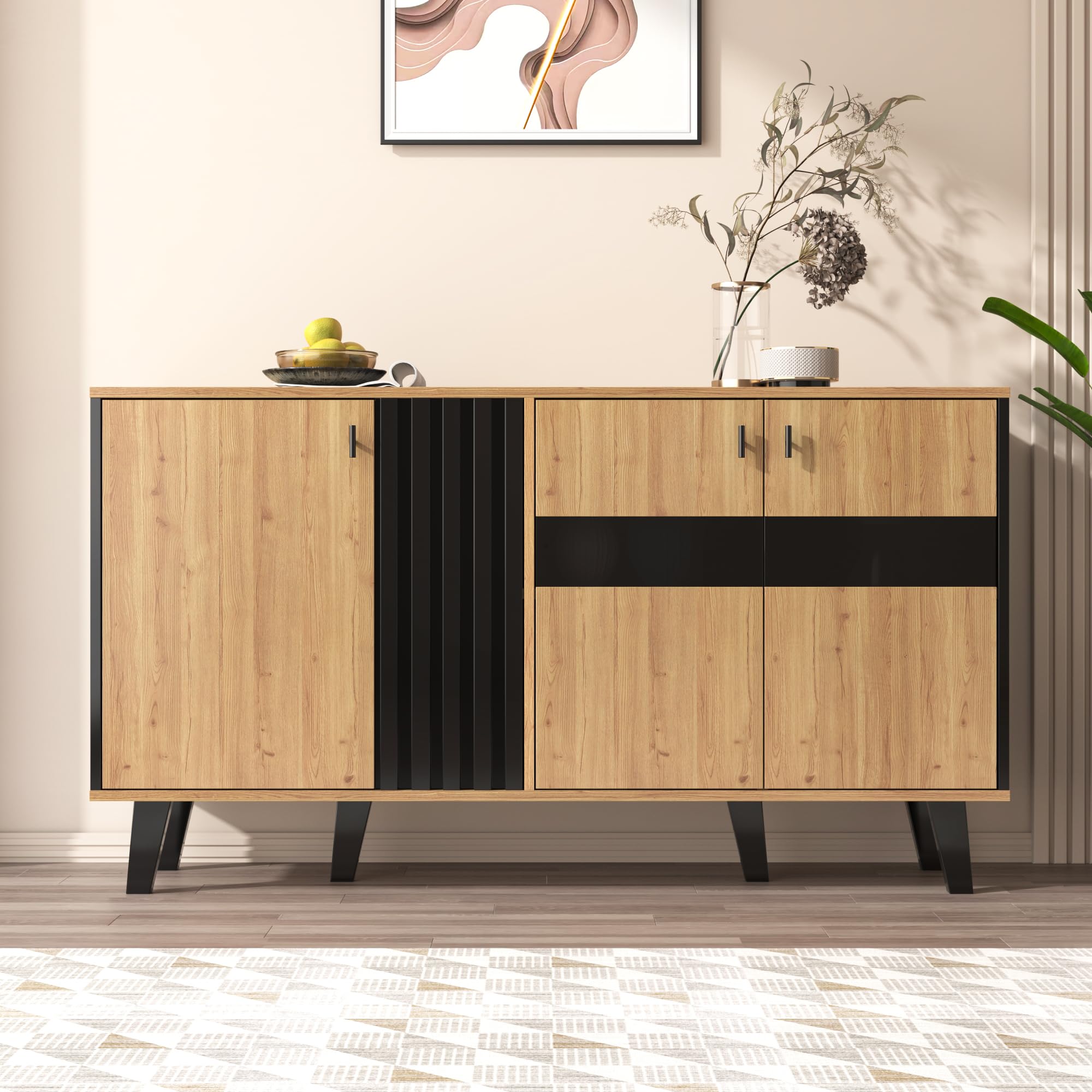 BTM 140 * 41 * 78.5 cm sideboard, color-coordinated design sideboard in wood and black with storage space, cabinet with LED light and glass, versatile in use and unique in appearance.
