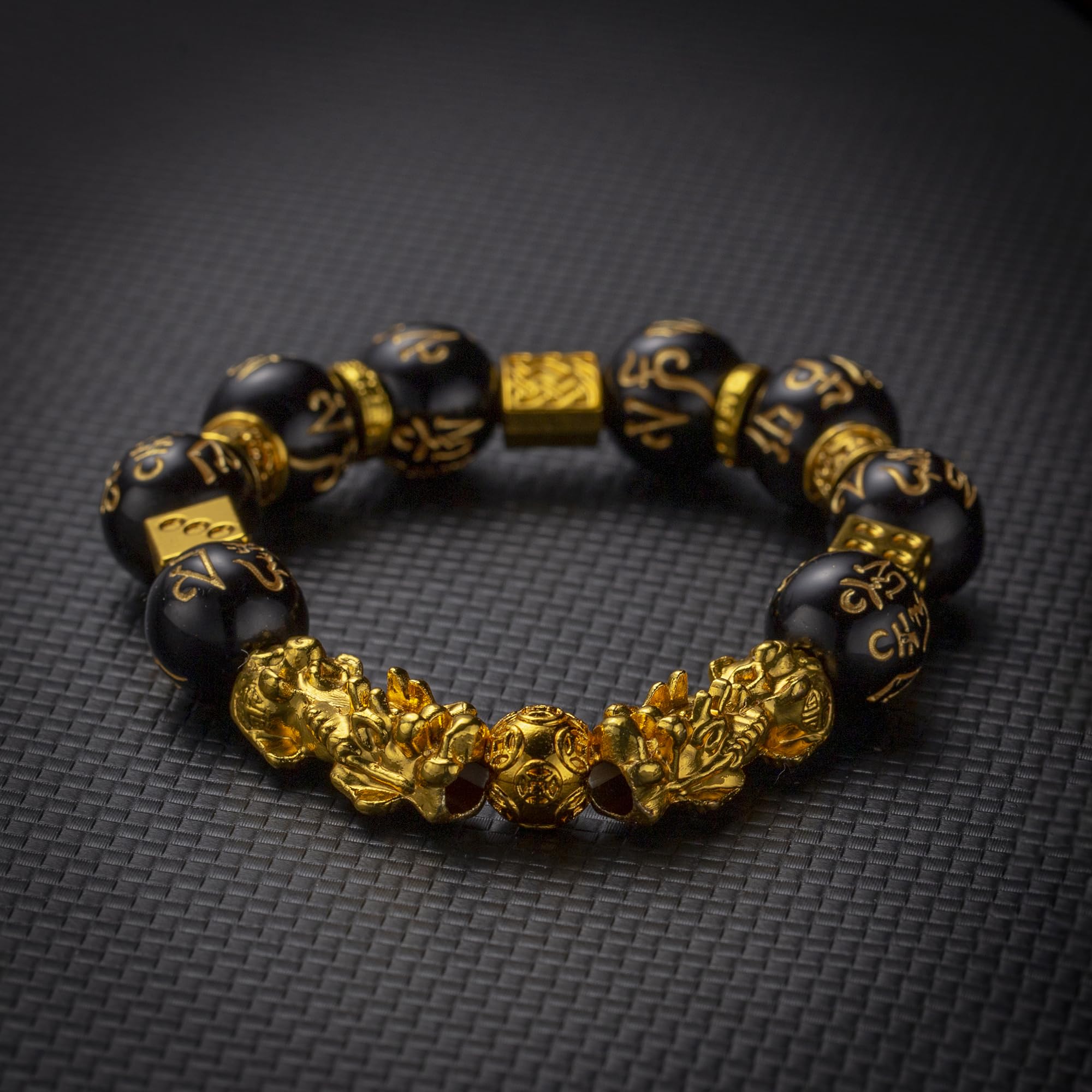 2 pulseras de Feng Shui para hombre, pulsera Pixiu de oro, obsidiana negra, riqueza y suerte, pulseras elásticas ajustables con cuentas espirituales, regalo de año nuevo chino, Talla única 3