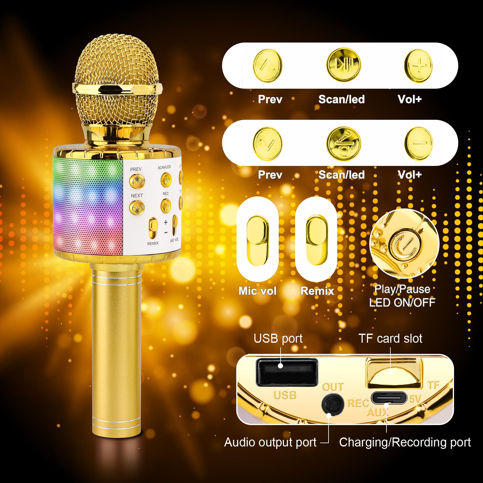 ShinePick Microfono Inalámbrico Karaoke, Micrófono Karaoke Bluetooth Portátil con Altavoz y LED para Niños Canta Partido Musica, Compatible con Android/iOS PC, AUX o Teléfono Inteligente (Dorado)