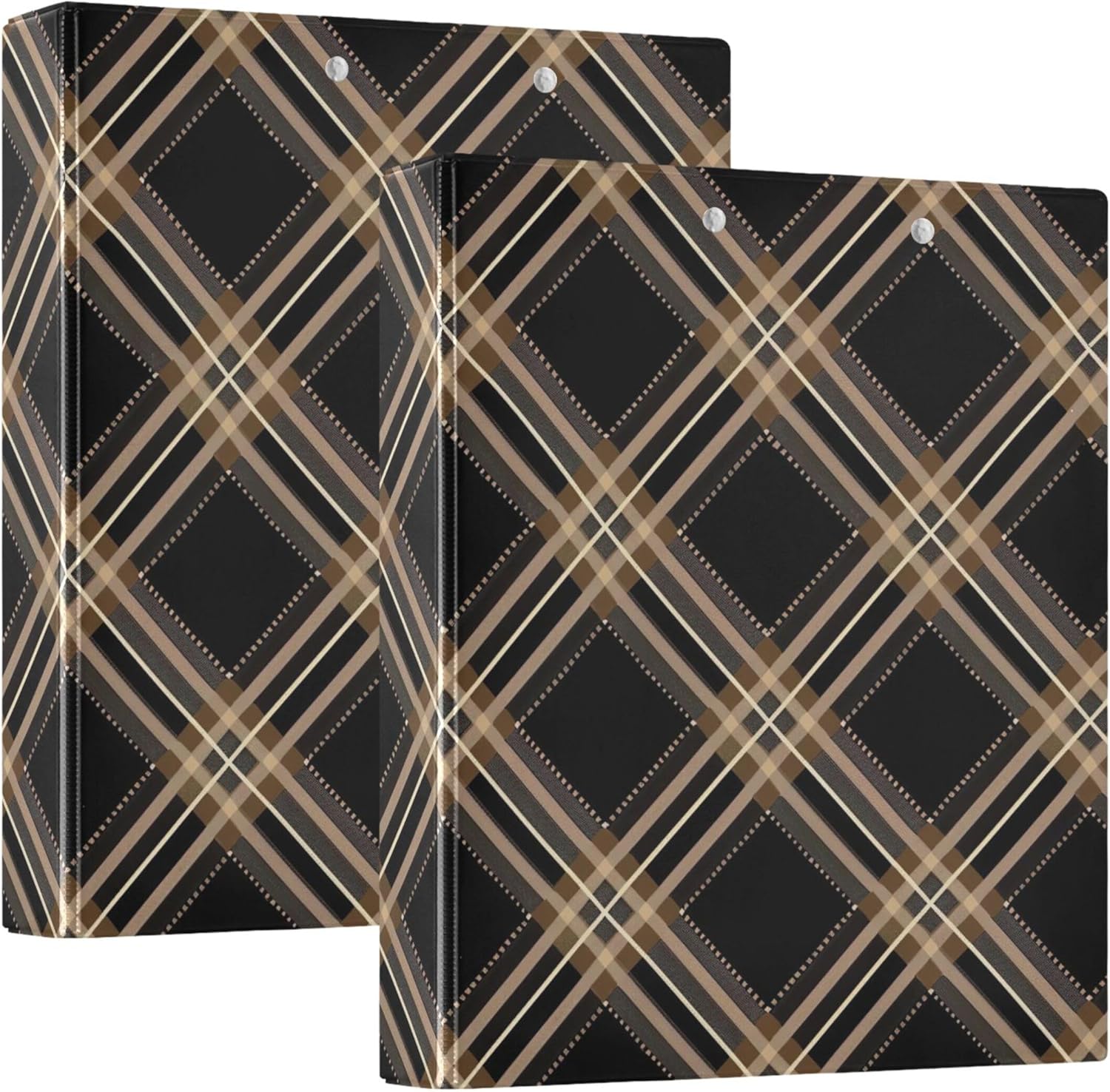 Brown Buffalo Plaid 3 Ring Binders, 1.5” Round Ring Binders with Clipboard - Letter Size, 3 Interior PVC Clear Pockets & Anti-Slip Clip for Office School Supplies, 2PCS