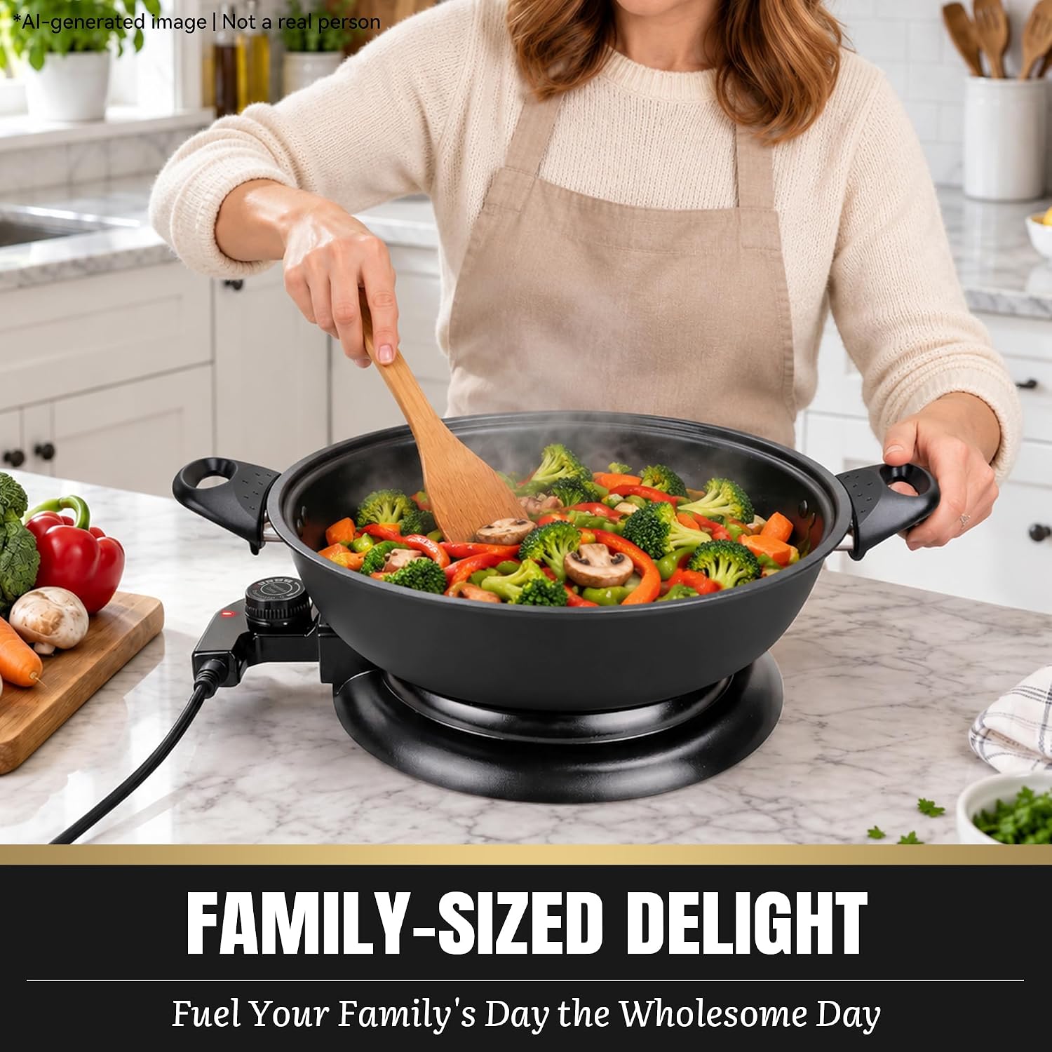 FineMade Electric Wok with Lid, 1400W, Ceramic Coating, Dishwash-safe