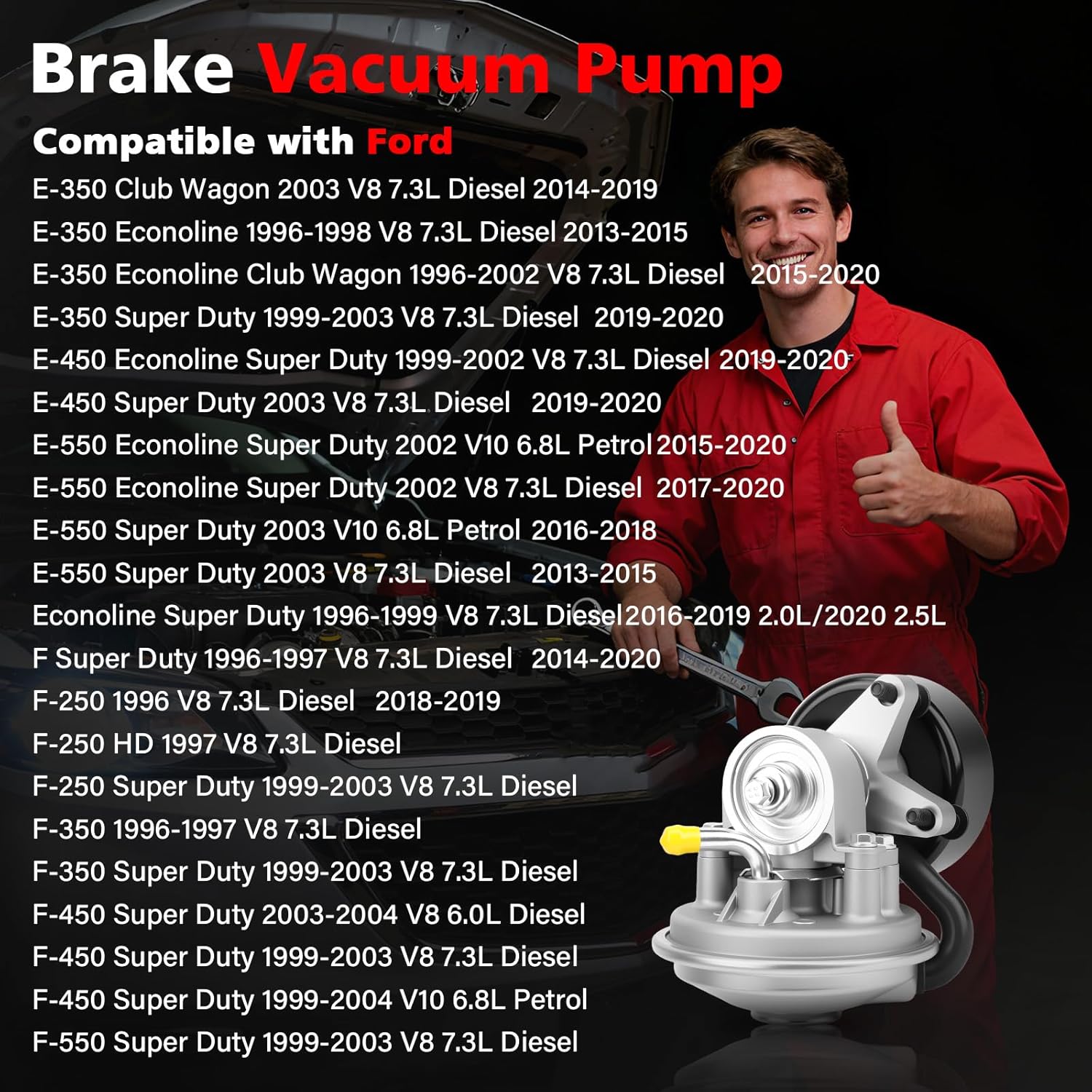 904-805 Brake Vacuum Pump compatible with Ford 1996-2004 F250 F350 F450 F550 Super Duty E350 E450 E550 Econoline Super Duty Engine 6.8L/7.3L Replacement VCP120 F6TZ2A451AA 64-1029