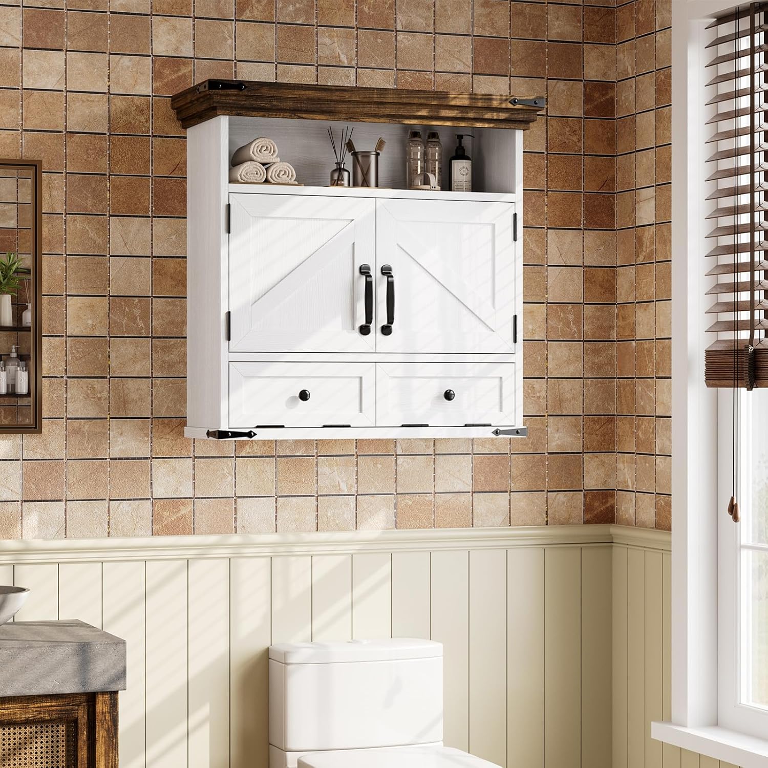 Bathroom Wall Cabinet, Farmhouse Medicine Cabinet with Door, 8.9"D x 25.6"W x 24.8"H, Wall Mounted Bathroom Cabinet with Adjustable Shelf, Wall Storage Cabinet for Laundry Room & Kitchen(White)