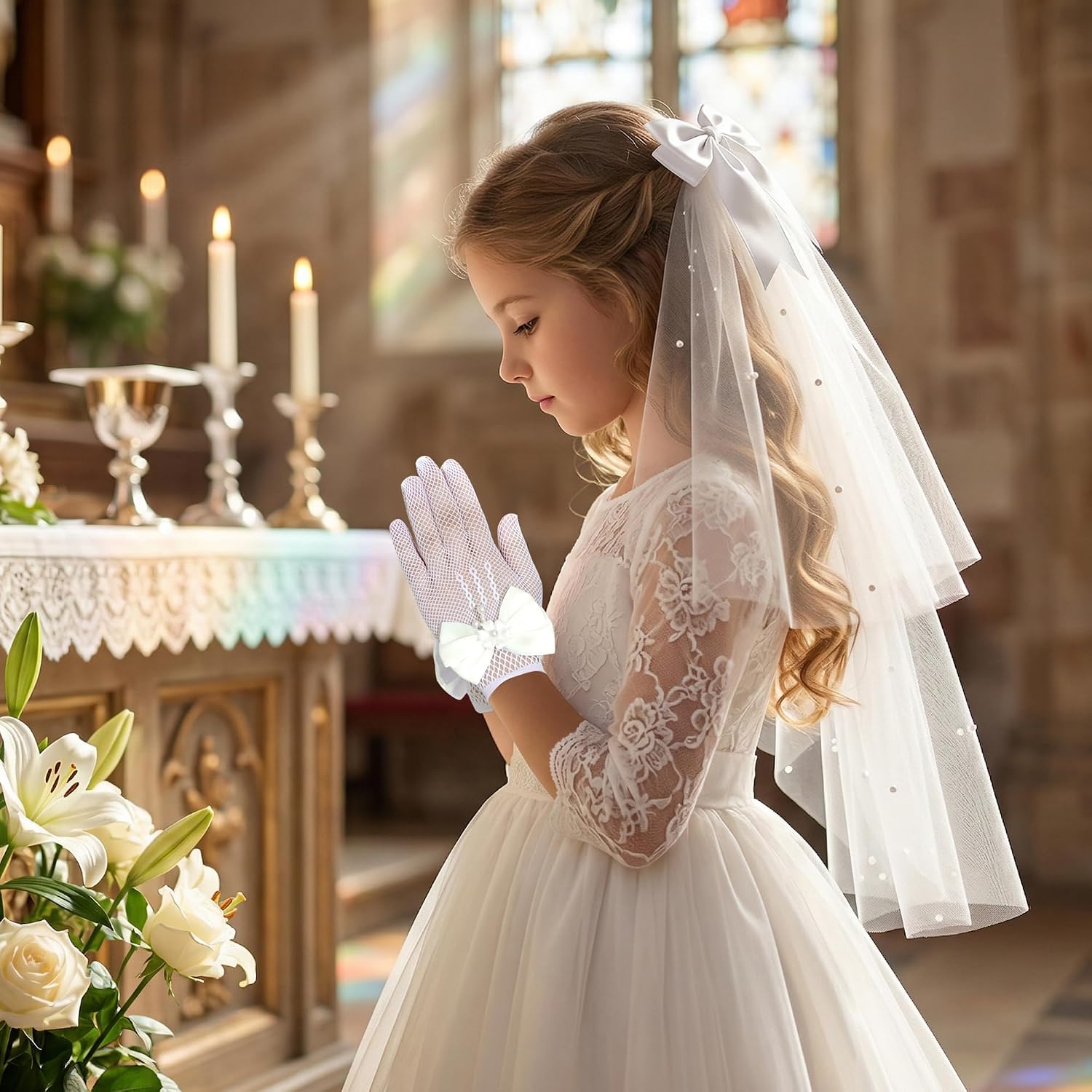 First Communion Veil with White Gloves for 1st Holy Communion Accessories for Wedding Party