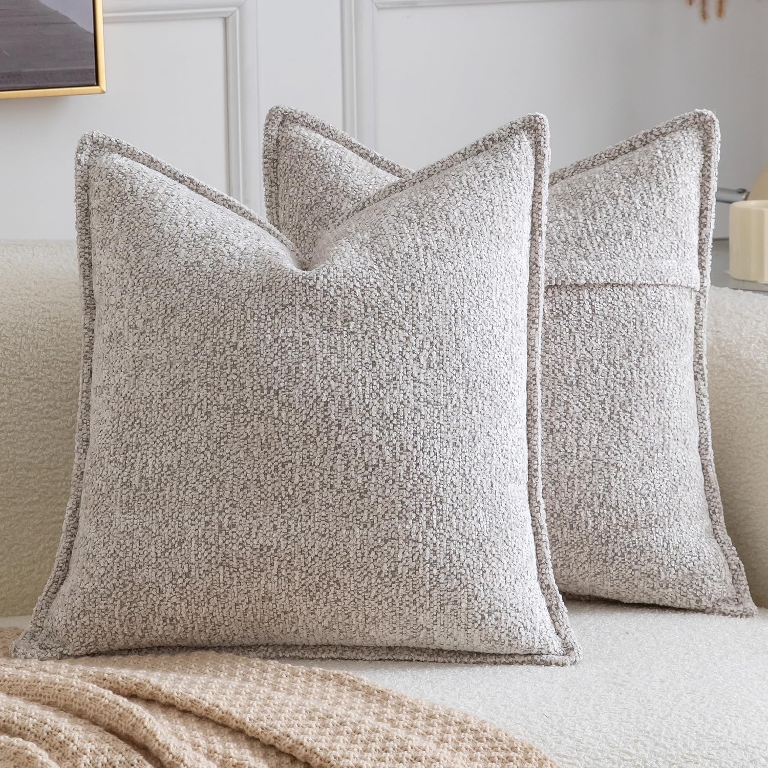 Madizz Pack of 2 Decorative Cushion Covers Boho Soft Textured Chenille Throw Pillows Solid Euro Sham Pillow Covers for Couch Sofa Bedroom Living Room 60x60 CM, Light Taupe