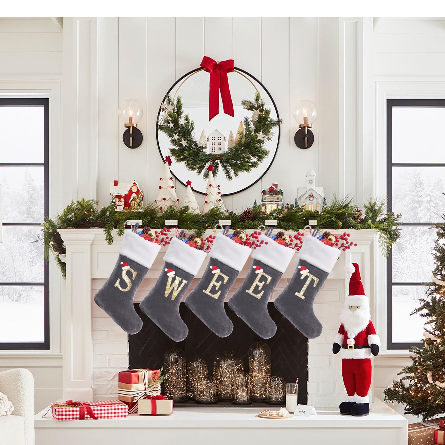 20 Inches Monogram Christmas Stockings with Letters, Large Super Soft Christmas Stockings Grey Velvet with White Super Soft Plush Cuff for Christmas Xmas Tree Holiday Fireplace Grey