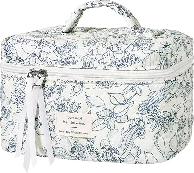 senbowe Large Quilted Makeup Bag, Cotton Floral Cosmetic Bag for Women, Cute Coquette Aesthetic Makeup Bag Toiletry Bag, Travel Make Up Organizer Bag with Zipper and Ribbon Navy Blue Flower