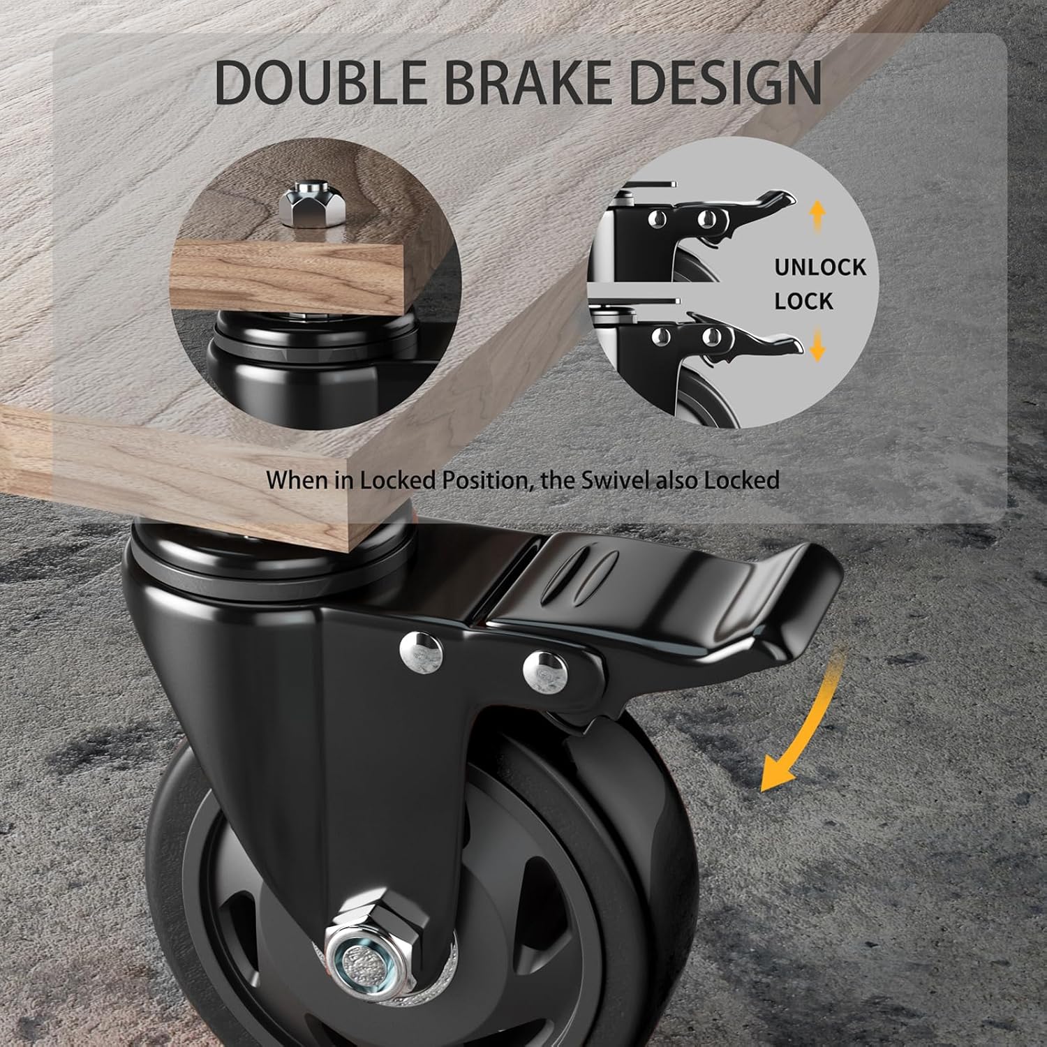 Stem Caster Wheels 3 Inch, Threaded Stem Casters Heavy Duty Casters Set of 4, Swivel Casters with Stem UNC 3/8"-16 x 1 Industrial Castors with Safety Dual Locking Wheel for Furniture and Cart