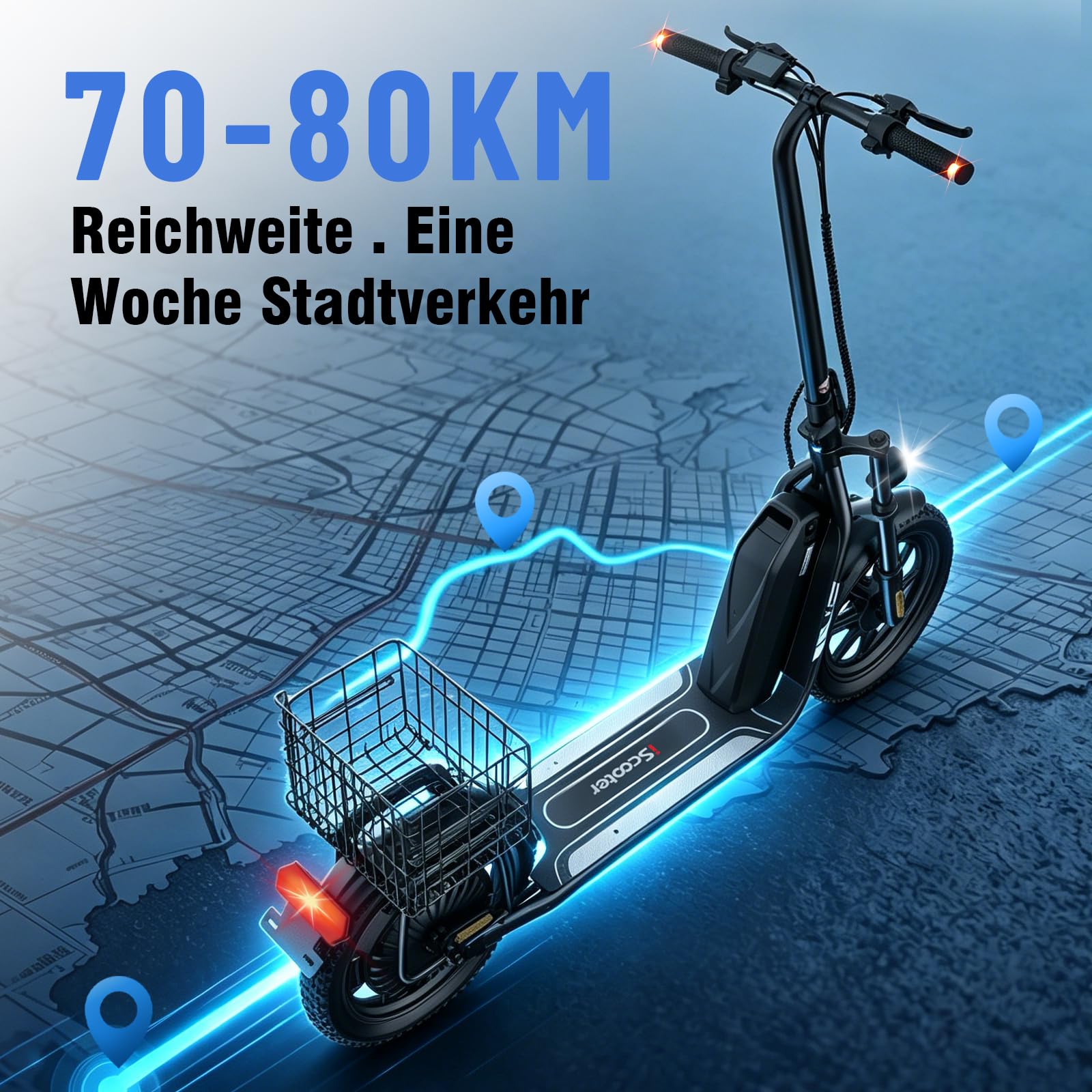 iScooter E Scooter mit Straßenzulassung für Erwachsene mit 16*3 Zoll Fat Winterreifen, 70-80km Reichweite ABE Faltbarer Elektroroller, Herausnehmbarer Akku, Korb, Stoßdämpfung, 150 kg Tragkraft, App