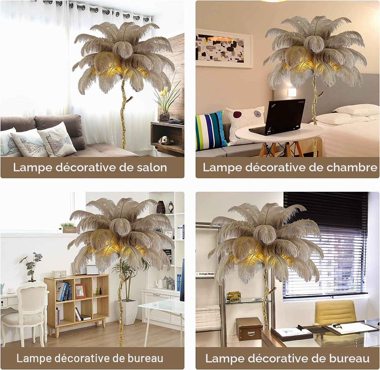 Lampadaire sur Pied Salon, Lampadaire LED Plume d'autruche Naturelle avec une Ampoule LED, Chambre Moderne Luxe Lampe sur Pied pour Villa Bureau Hôtel Salon Chambre (Brun, 120cm)