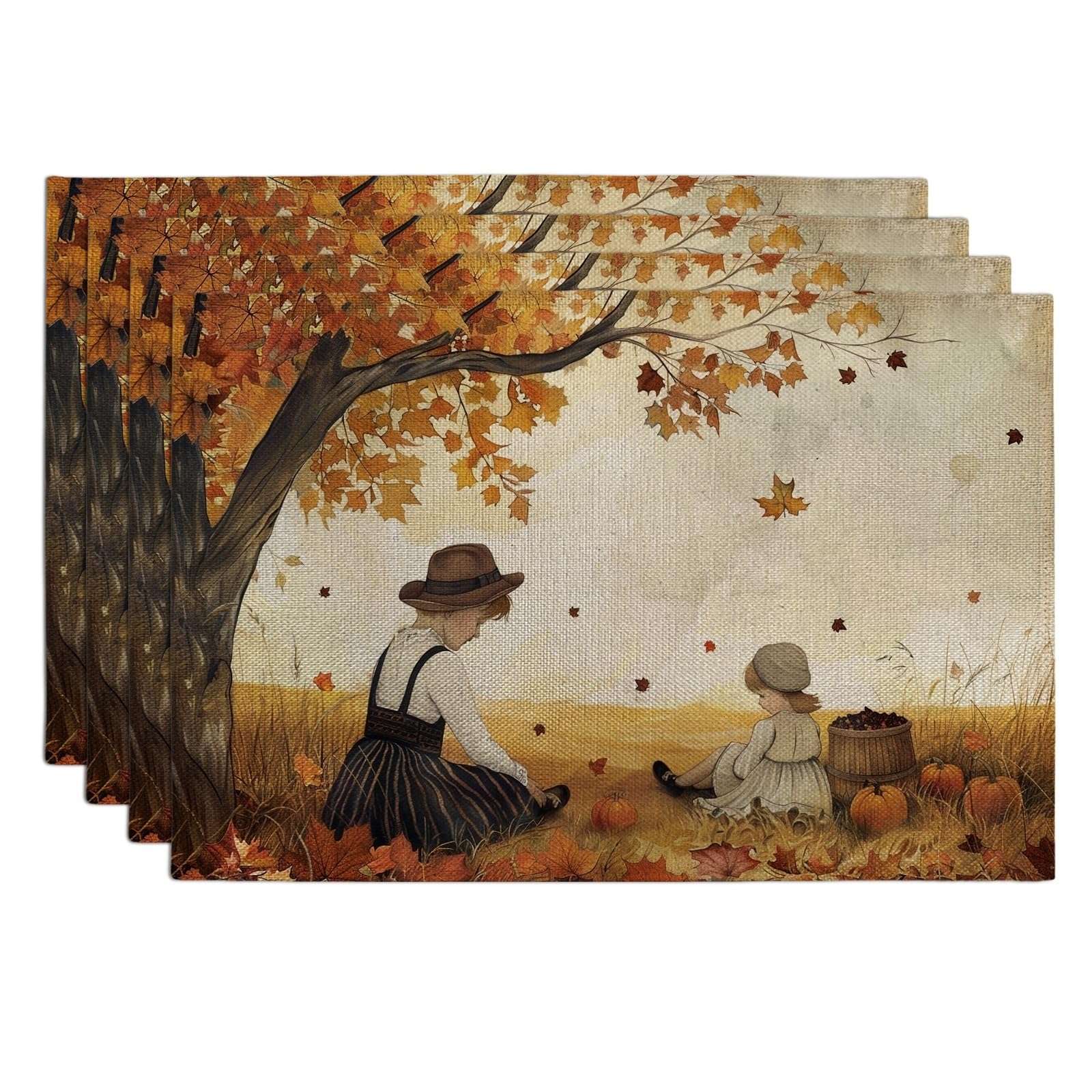 Autumn Harvest Maple Leaf Placemats, Orange Rustic Country Table Mats for Dining, Non-Slip Washable Indoor Outdoor Festive Decorative Placemat Set of 4