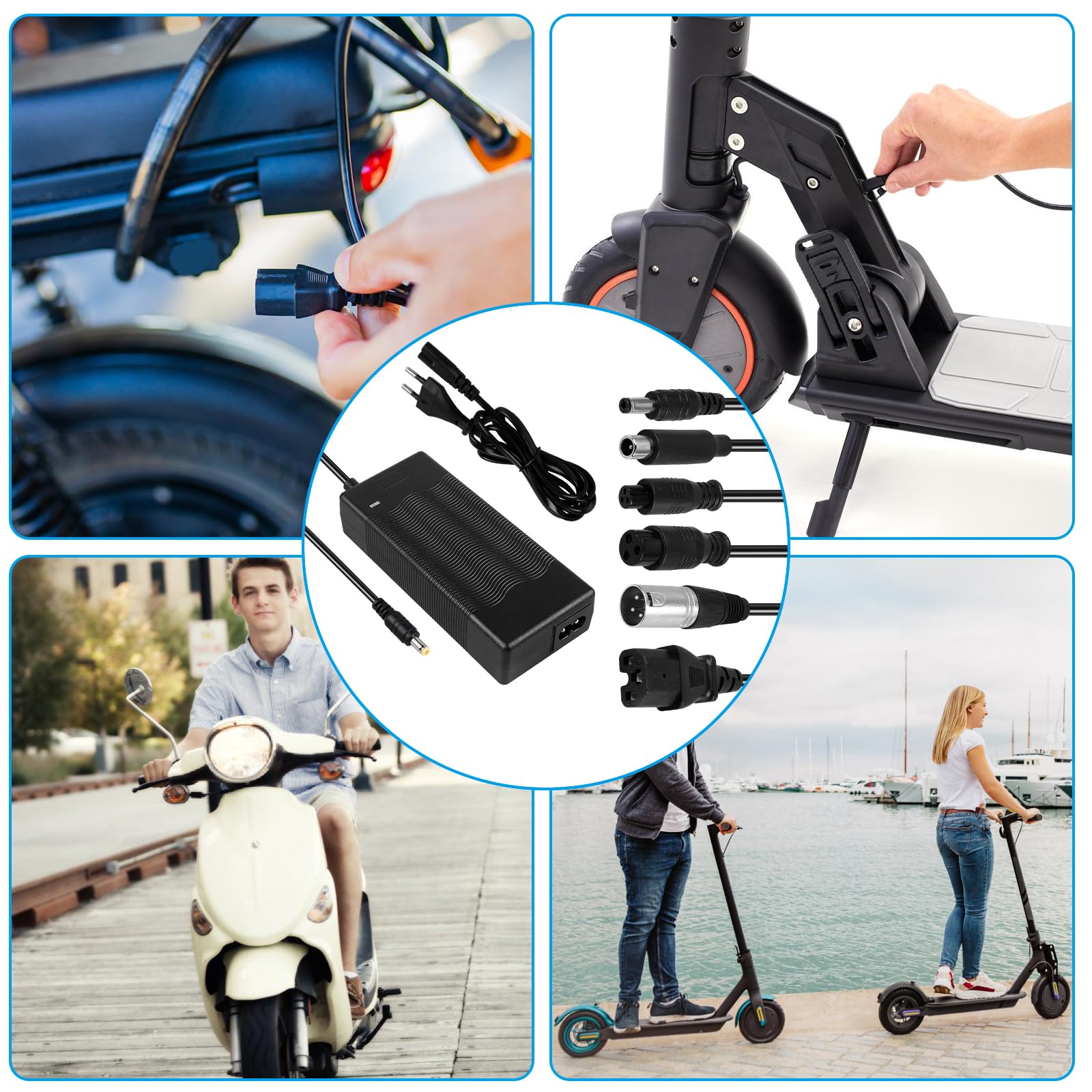 Caricatore Monopattino Elettrico: 42V 2A Caricabatteria per Scooter Elettrico con 6 Connettori, 36V Caricatore Monopattino Elettrico per Hoverboard, Xiaomi Scooter, Bici Equilibrata, Drifting Board