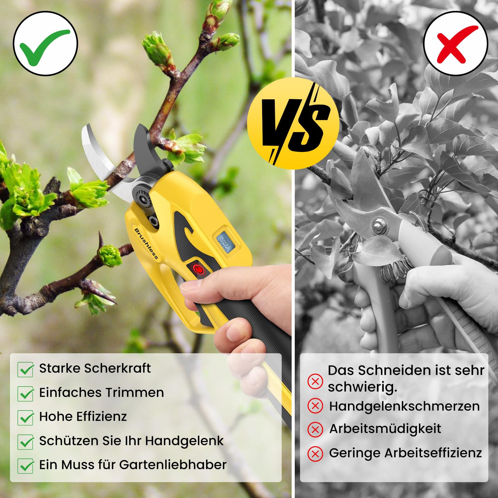 Akku Gartenschere, 23-25mm Akku Astschere mit 600W Bürstenlosmotor, 2x2000 mAh Akku und LED-Anzeige, USB-C Aufladen, Längere Laufzeit, Elektrische Astschere Klein für Zweigen, Blumen, Obstbäume