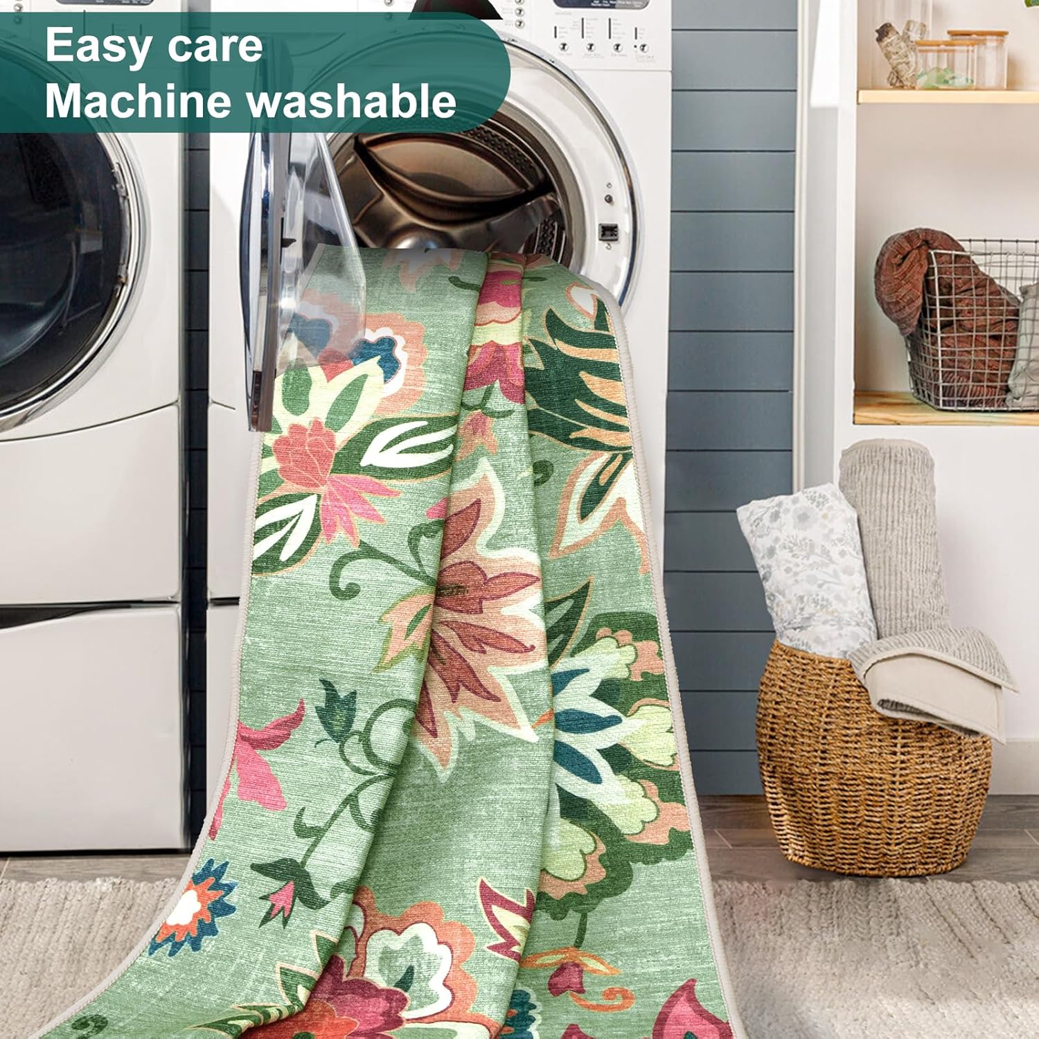 Beeiva Floral 2x3 Washable Rug Non Slip, Ultra Thin Door Mat Indoor Entrance for Kitchen, Non Shedding Green Rug Carpet Entry Way Bedroom Beside Bathroom (Light Green,2'x3')