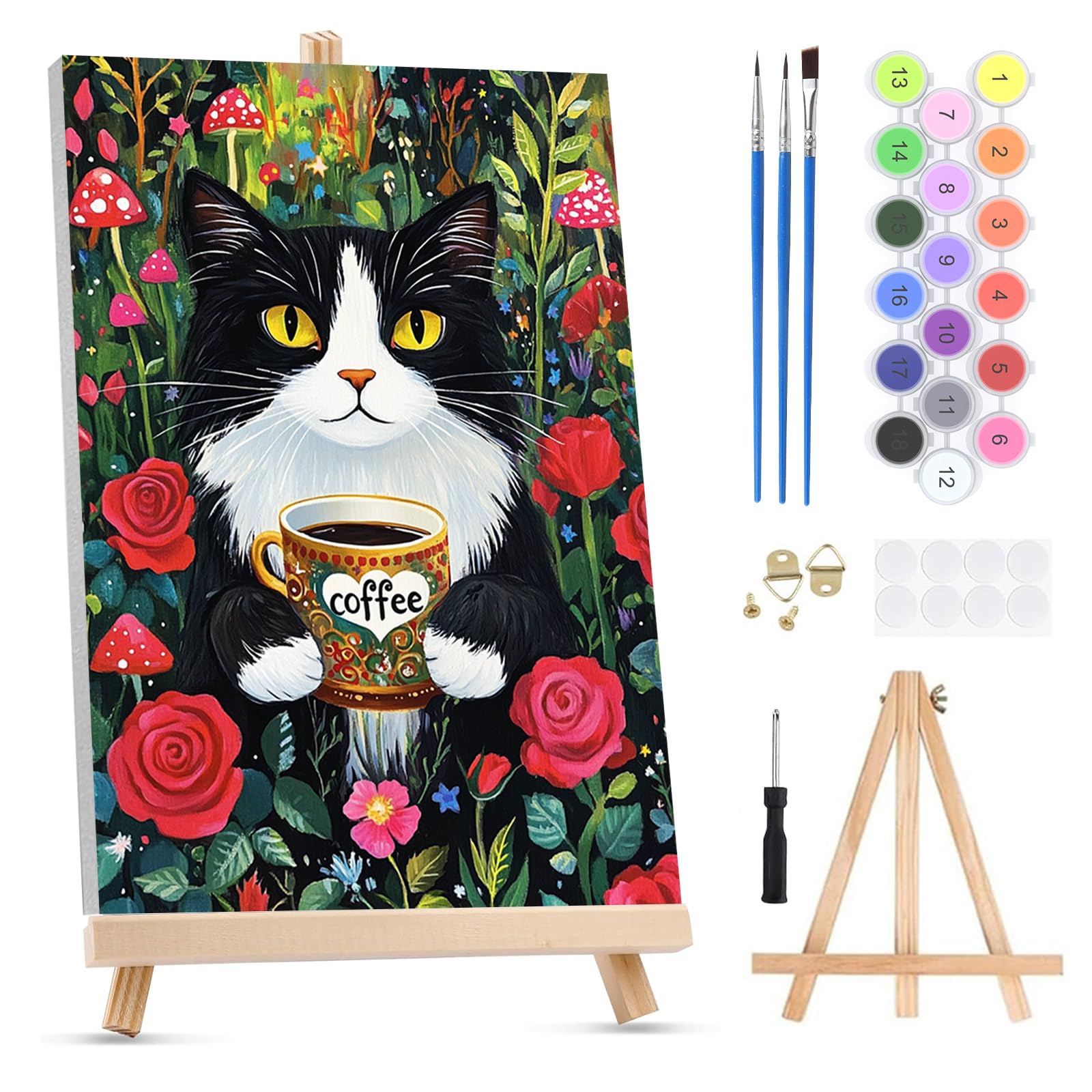 QENSPE Paint by Numbers for Adults on Framed Canvas - with Wooden Easel, Cat Hold Coffee Painting by Number Kit for Beginners, DIY Flower Acrylic Oil Painting for Home Wall Decor (8x12 inch)