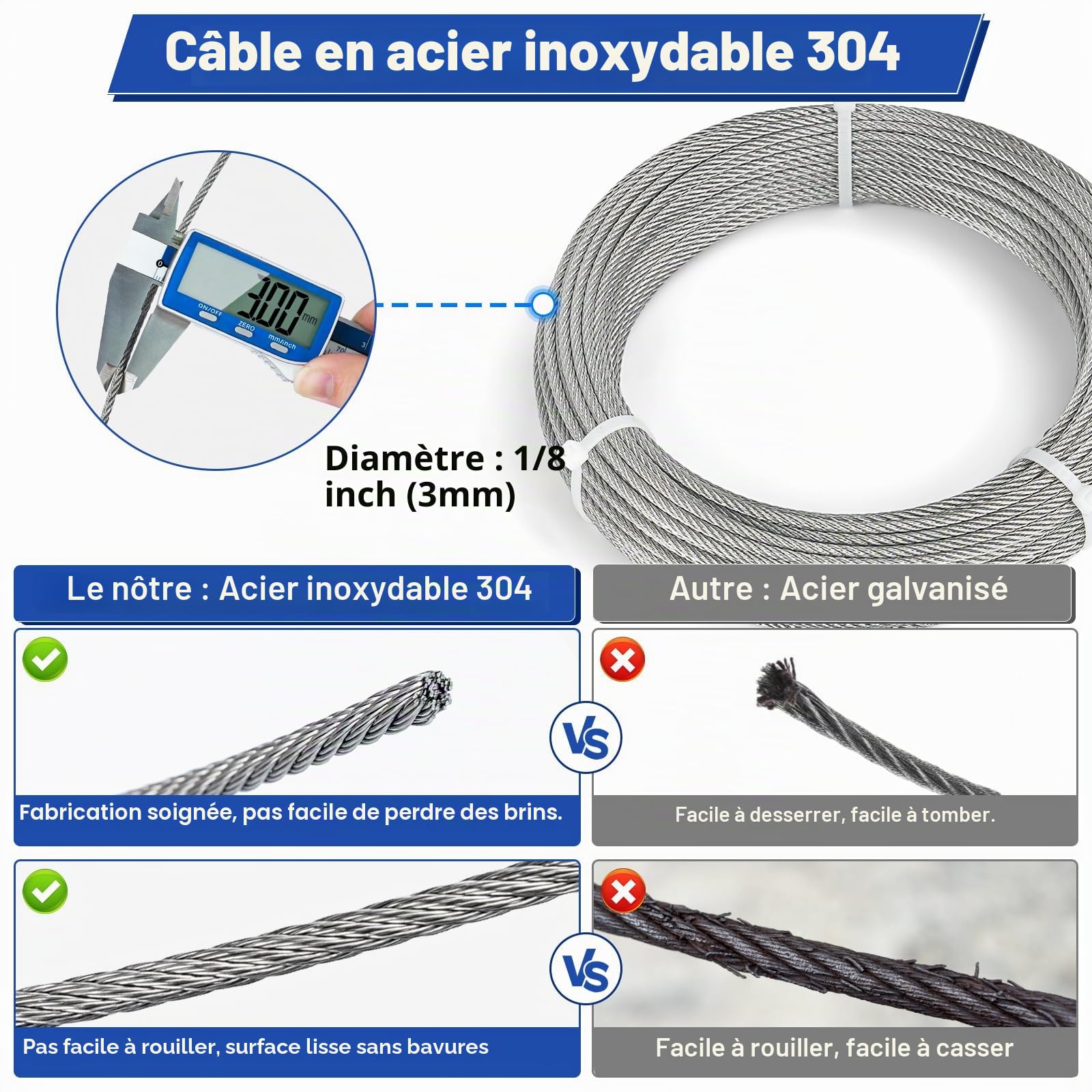 TooTaci 3mm Câble Métallique 60M Câble en Acier Inoxydable avec M5 Tendeurs de Fil pour Rambarde, Garde-Corps, Étendoir à Linge, Guirlandes Lumineuses Extérieures
