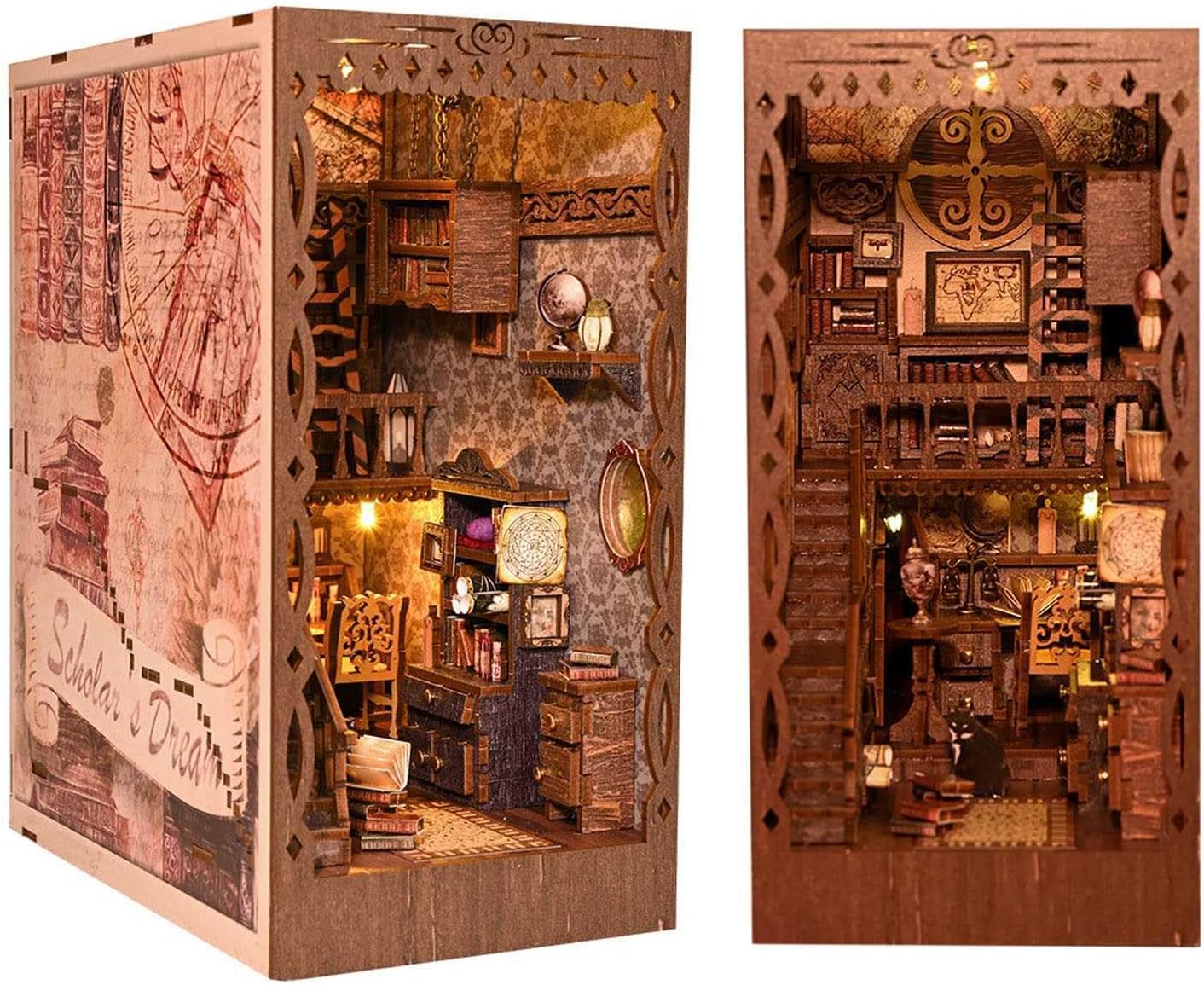 Model edukacyjny Zestaw kącika książek, DIY domek dla lalek Booknook wstaw wystrój alei, drewniane puzzle 3D ze światłem, edukacyjne zestawy do budowania półek na książki, budowanie modeli regałów