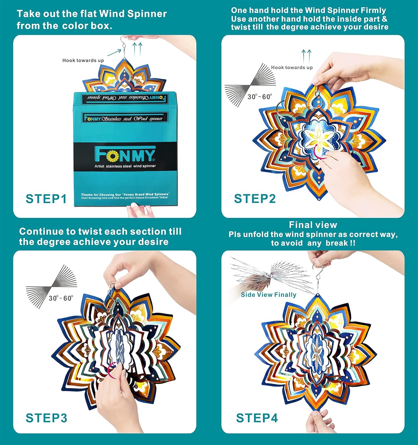 Fonmy Mandala Wind Spinner Lucky Star Worth Gift Indoor Outdoor Garden Decoration Crafts Ornaments 12 inch Multi Color Stainless Steel Wind Spinners