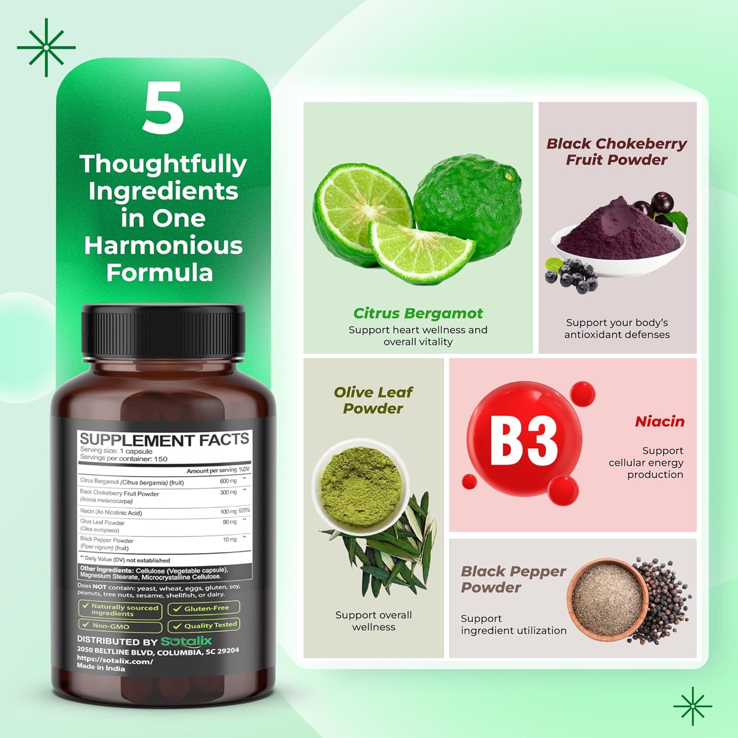 Premium Citrus Bergamot Organic Bergamot Supplement with Niacin Black Chokeberry Olive Leaf Black Pepper - Heart & Circulatory Function Support 150-day Support (150 Count (Pack 1)) - Image 4