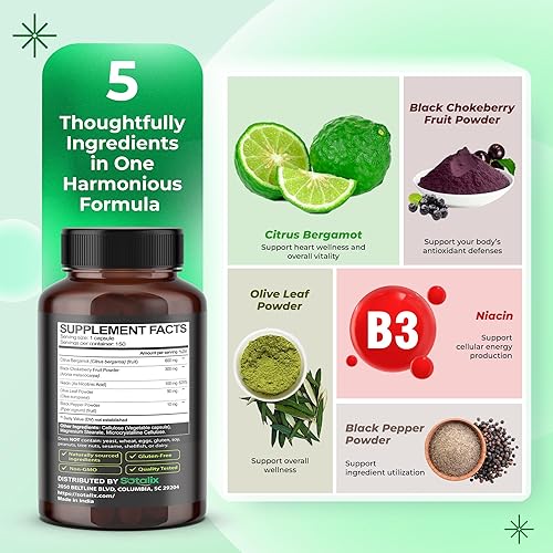 Miniatura 4 de Suplemento de bergamota orgánica de bergamota cítrica premium con niacina chokeberry negro hoja de olivo pimienta negra - Soporte de corazón y