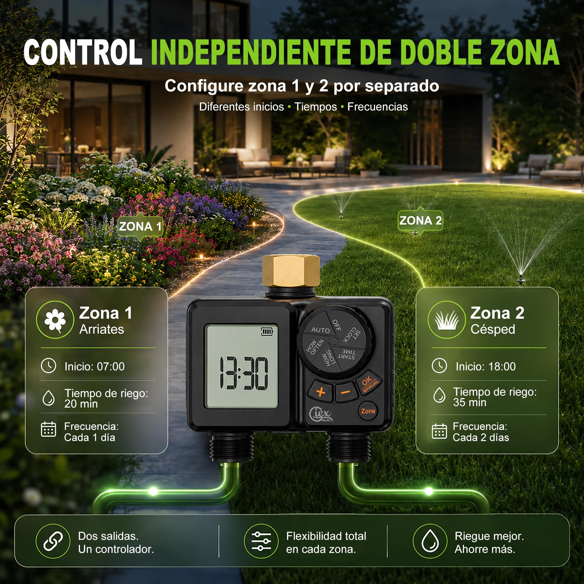 GIEX - Ordenador de riego de 2 vías, temporizador de riego recargable, 2 zonas con conexión de latón, temporizador de agua programable con IP66, retardo de lluvia y riego manual para jardín, césped