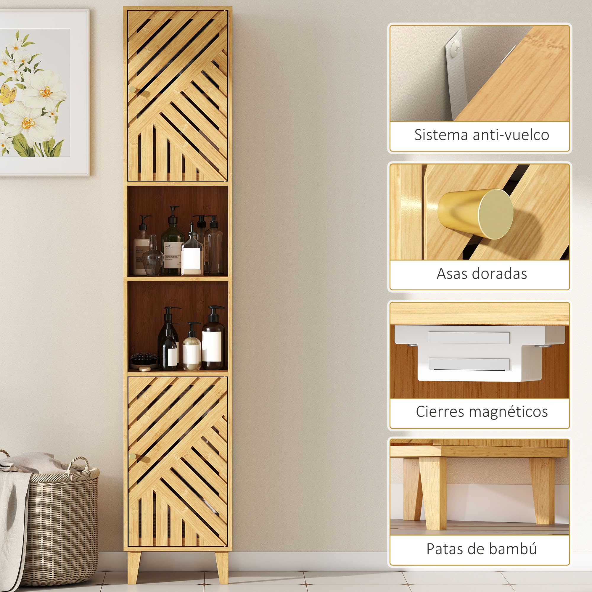 HOMCOM Armario de Baño Alto con Puertas y Patas de Bambú, Columna de Baño Estrecha, 32x30x170 cm, Estantes Regulables, Compartimento Abierto, Natural