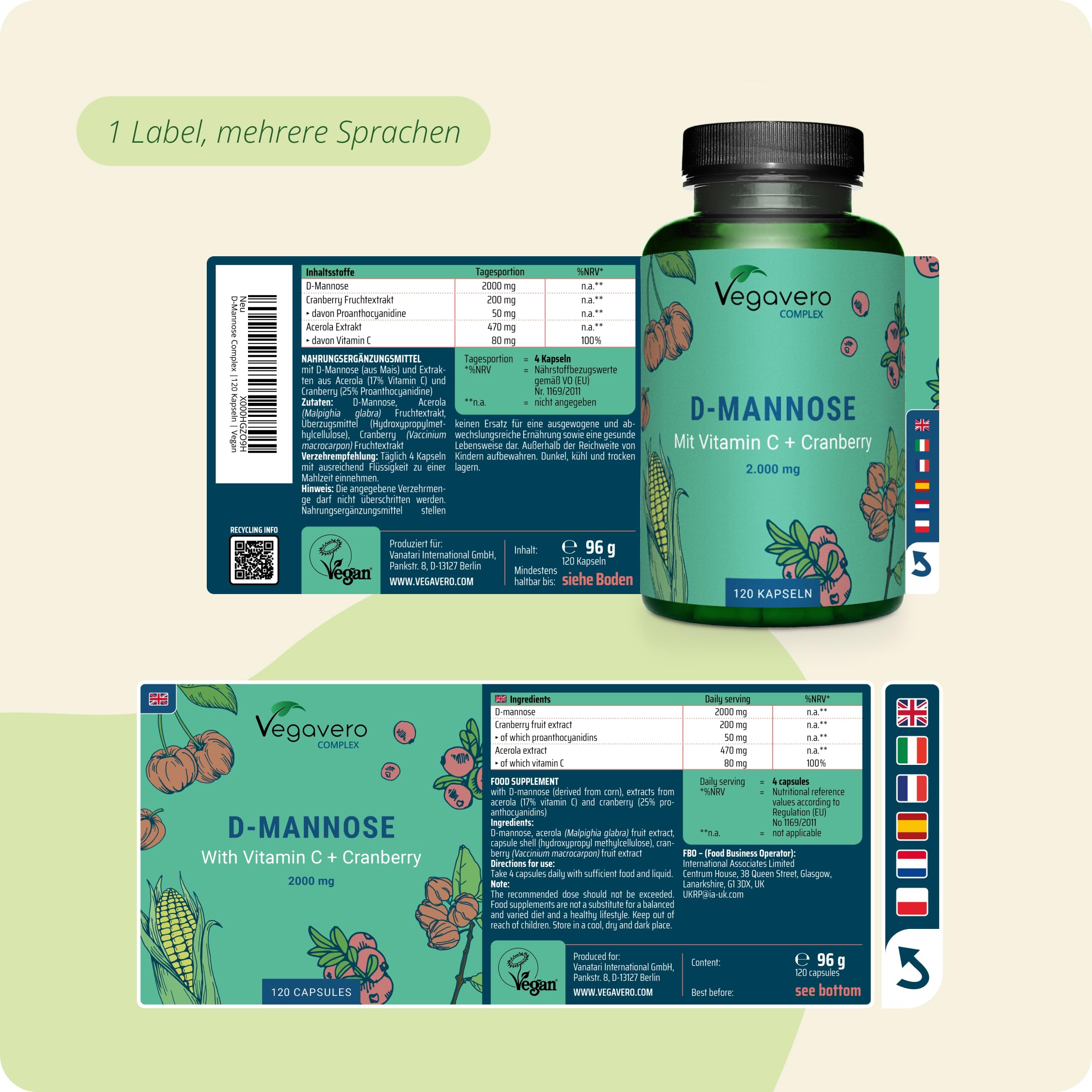 D-Mannose + Cranberry Vegavero | 100% Natürlich | 2.000 mg pro Tag | Mit Vitamin C aus Acerola | Vegan & Ohne Zusätze | 120 Kapseln