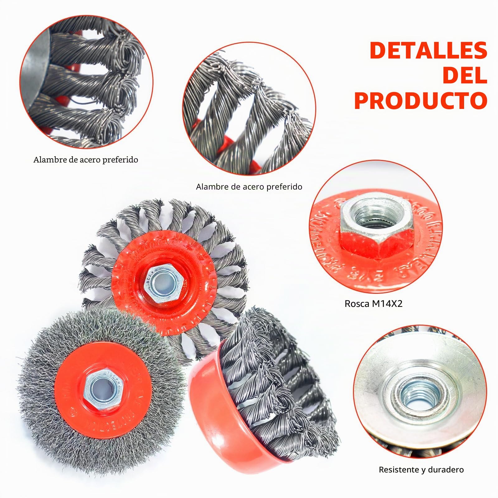 6 piezas de cepillo de alambre para amoladora angular, accesorios para amoladora angular, diámetro 75 mm y 100 mm, con modelos M14 para taladradora Pulido, lijado, eliminación de óxido, desbarbado