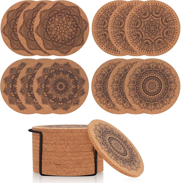 TOOINKCV 12 podstawek korkowych, podstawki pod szklanki, korkowe, 10 cm, podstawki pod napoje, wielokrotnego użytku, chłonne podstawki, drewniane, mandala, do kawiarni, baru, kuchni, z metalowym