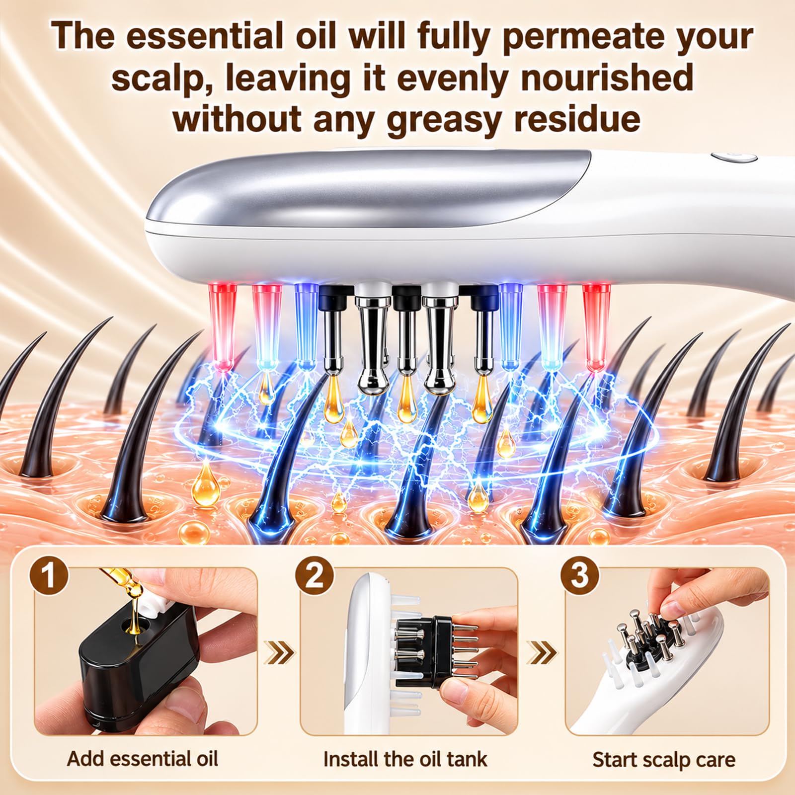 Kopfmassagegerät Elektrisch, Kopfhaut Massagebürste Elektrisch mit Haaröl Applikator, Tragbare Rotlicht Kopfmassage Bürste Electric, EMS Mikrostrom und Vibration