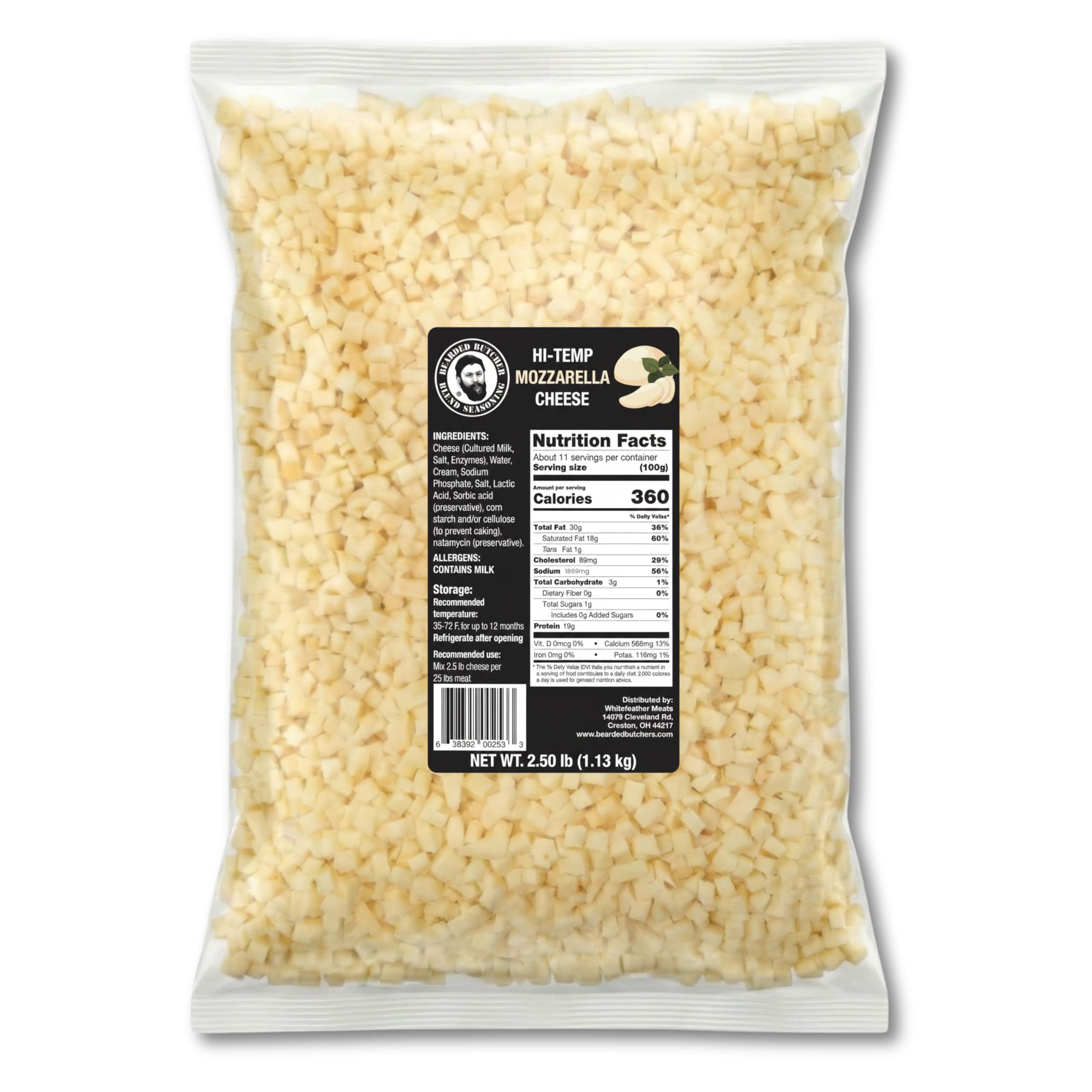 Bearded Butchers High-Temp Mozzarella Cheese 2.5 lbs – Shelf-Stable 1/4" Cubes for Up to 25 lbs of Meat, 400°F High-Temperature Cheese – Ideal for Sausage Making, Brats, Snack Sticks, Burgers, and More