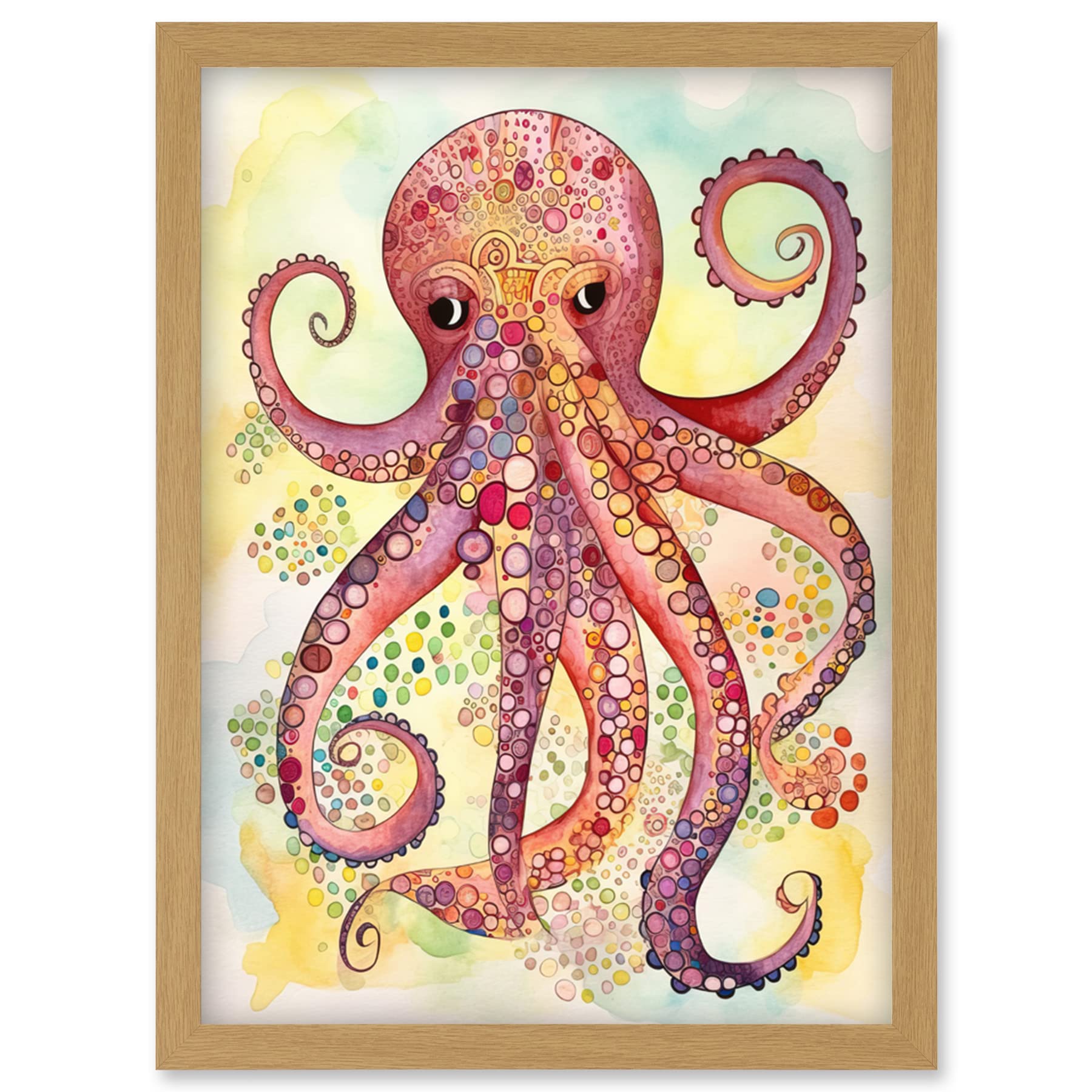Artery8 Octopus Portrait Bright Folk Art Watercolour Painting Artwork Framed Wall Art Print A4