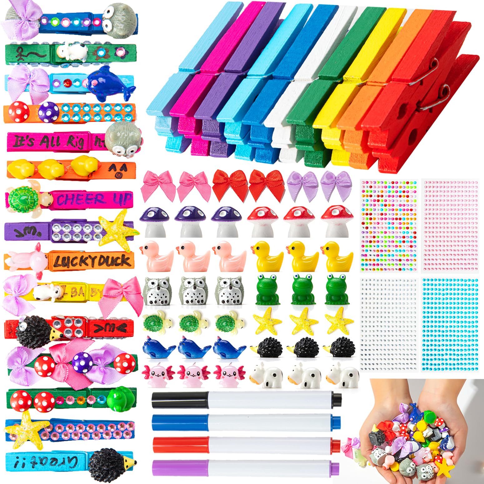LIENATSER 80 Set Cheer Pins Spirit Clips Include 140 Wooden Colored Clothes Pins Mini Resin Animals and 300 Self Adhesive Stickers Pen for