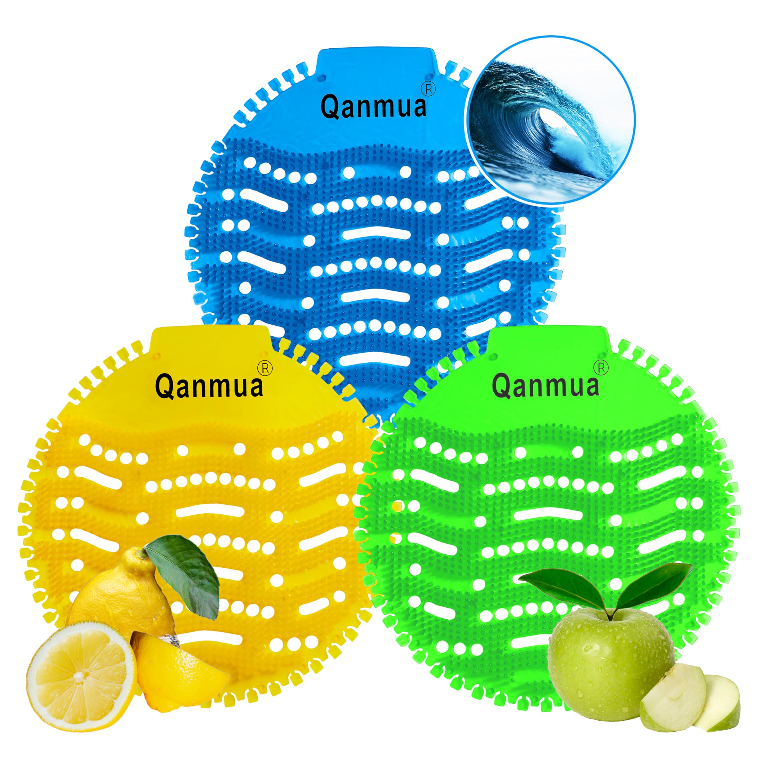 Qanmua 12 Pièces Ecrans pour Urinoir, Pastilles Urinoir Tapis d'Urinoir Désodorisant, Urinal Screen pourBureaux Restaurants et Écoles Anti-odeurs et Anti-projections 4 x Bleu 4 x Jaune 4 x Vert