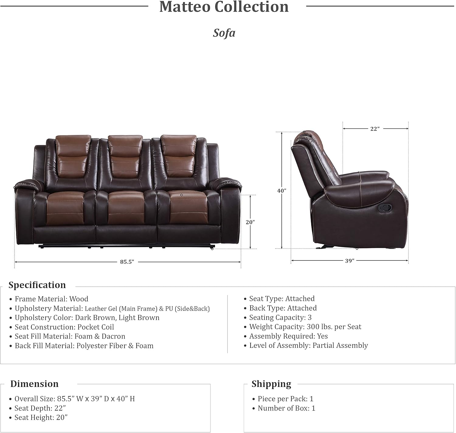 Detailed specifications and dimensions diagram for the Lexicon Matteo Collection Sofa