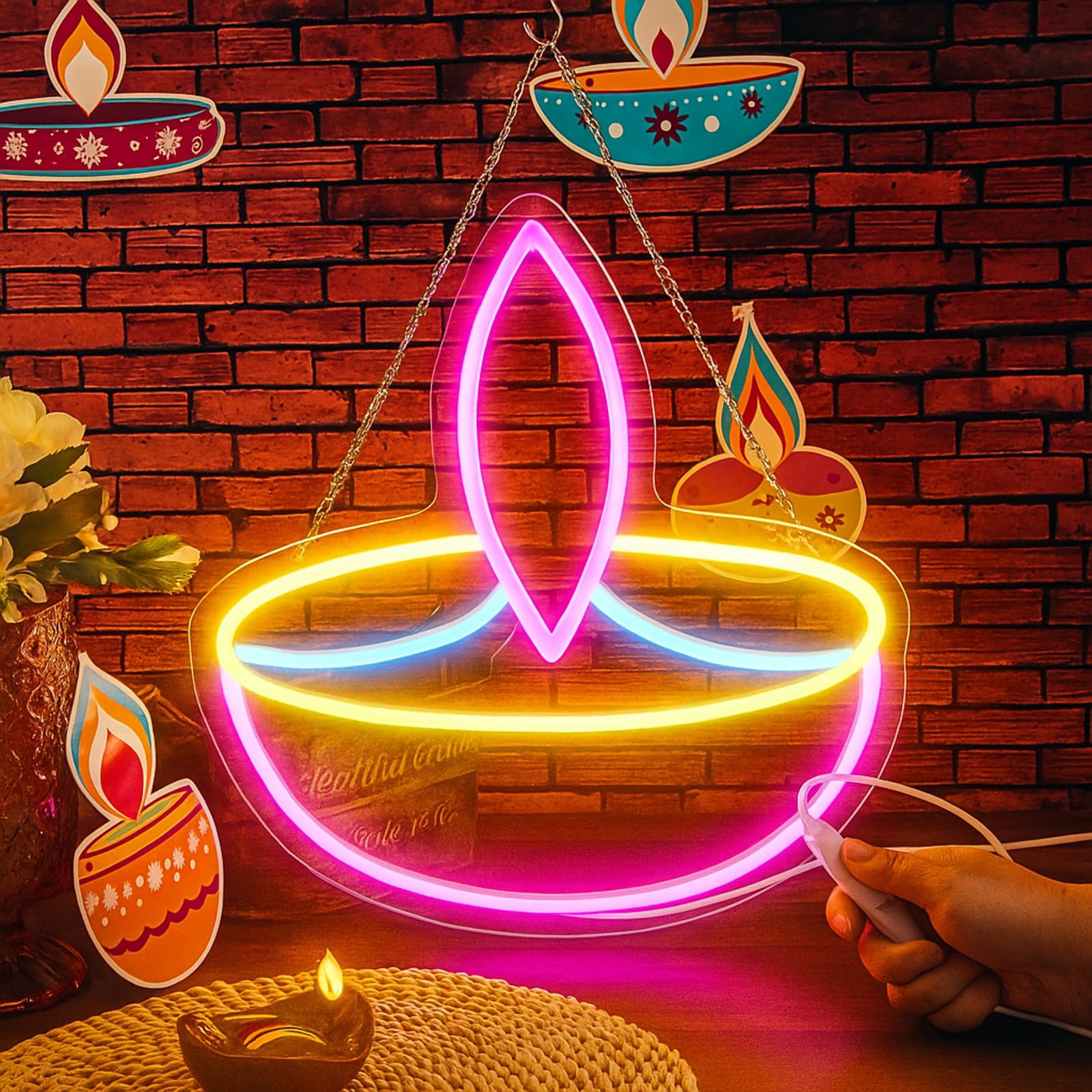 Décoration Diwali panneau néon LED lampe à huile Glooglitter à offrir