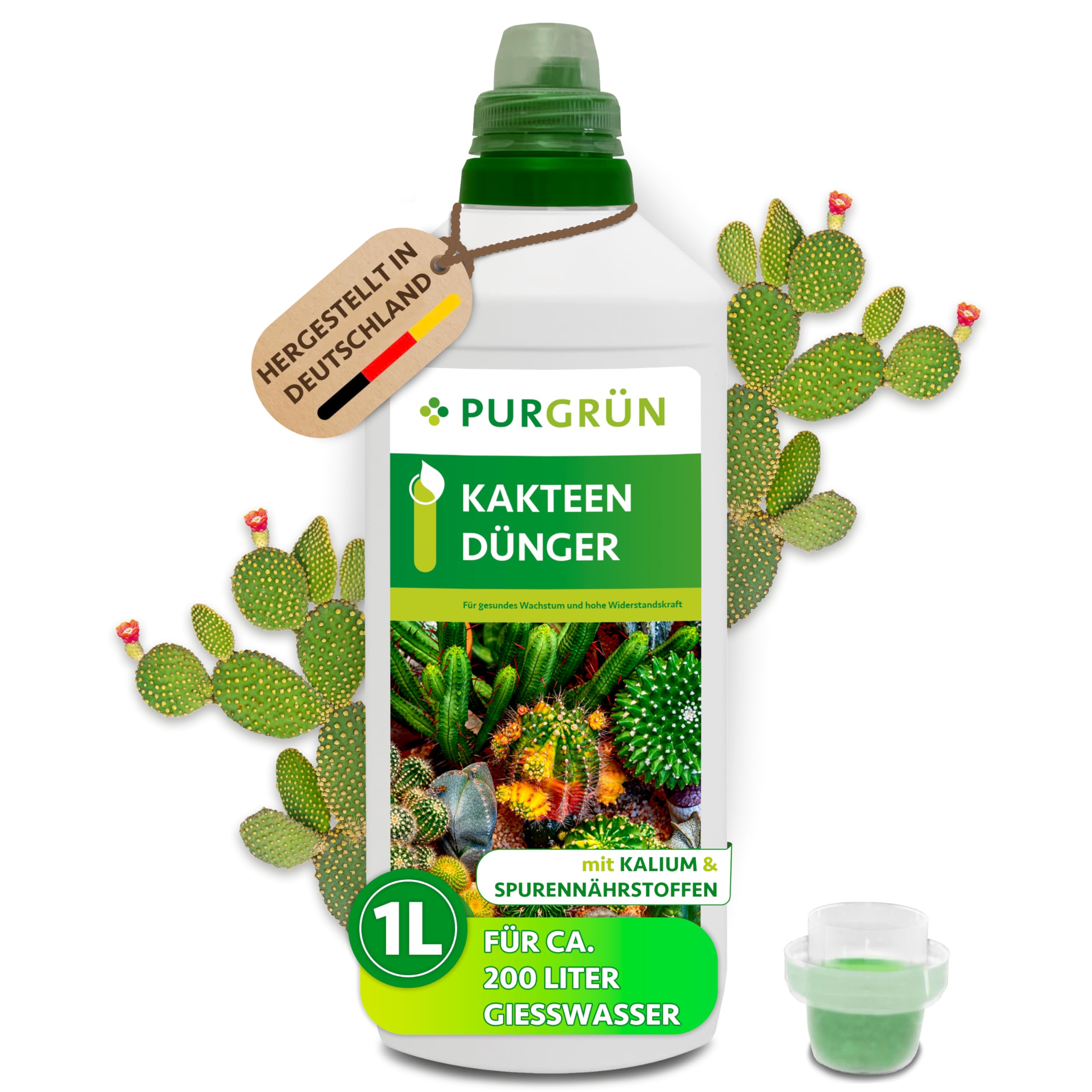 Kakteendünger 1 Liter – Spurennährstoffe für gleichmäßiges Wachstum – Extra Kalium fördert die Widerstandskraft – Ergiebiges Konzentrat für 200 Liter Gießwasser – Premium-Flüssigdünger