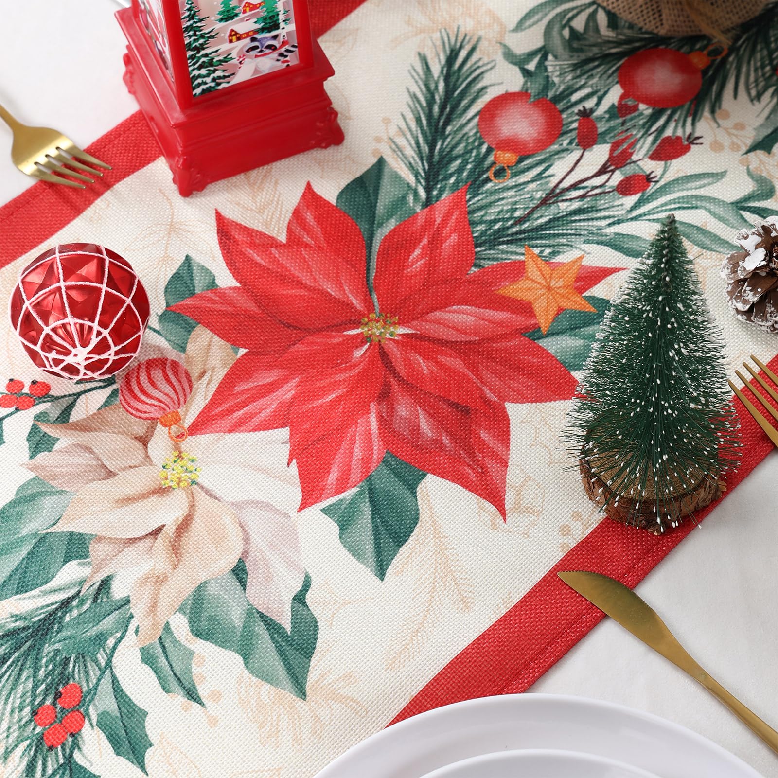 Christmas Table Runner 230x33cm, Red Modern Christmas Decorations With Flower - Image 3