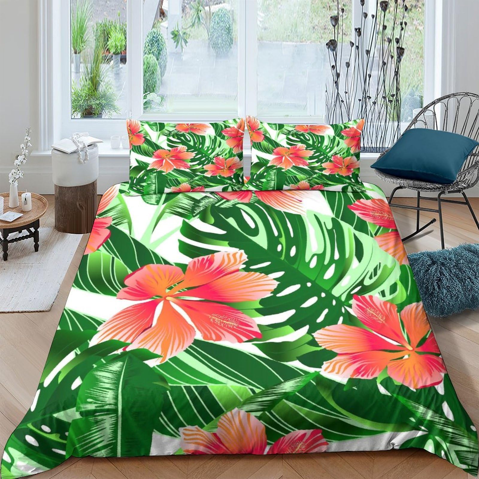 Ctjqhvkz Style-7 3D Printed Tropical Hibiscus Fitted Sheet Microfiber Anti-Slip Palm Leaf Bed Cover For Bedroom Guest Room Decor Single（135X200cm）