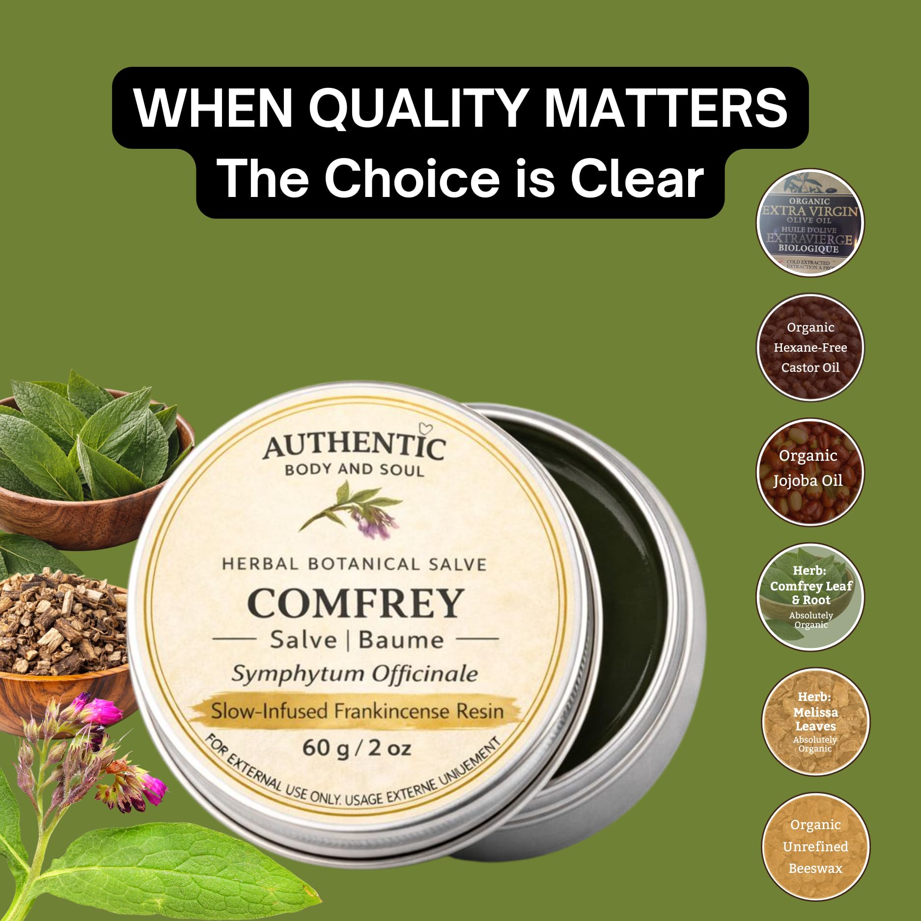 Comfrey Salve, Comfrey Leaf & Root Oil Balm, Melissa, Jojoba, Castor Oil & Infused Frankincense Resin | Alberta Organic Unrefined Beeswax, Herbal Botanicals | 4 oz, by Authentic Body And Soul - 2