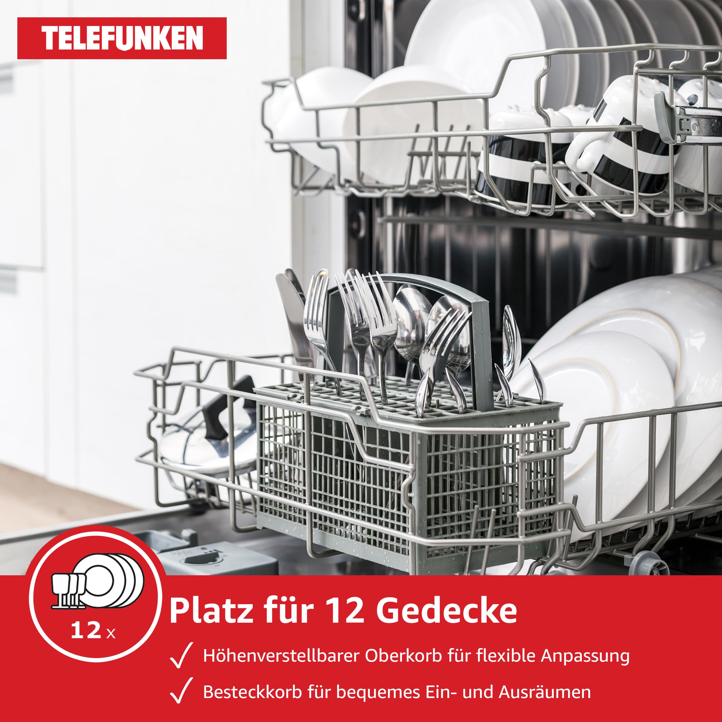 Telefunken G-FS-6014-C-I Geschirrspüler freistehend Spülmaschine 60 cm | 12 Maßgedecke, 9 Programme, AquaStop - Schutz vor Wasserschäden, Auto-Door, leise 44 dB, SpeedWash, inkl. Besteckkorb