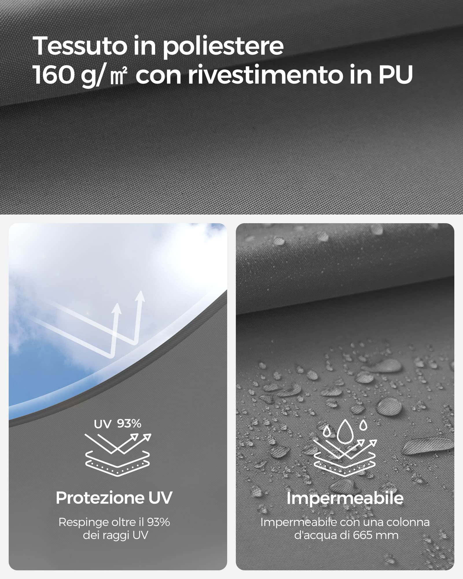 SONGMICS Vela Parasole 3 x 4 m, Impermeabile con Colonna d'Acqua 665 mm, Tenda da Sole Poliestere Antistrappo, Anti UV 93%, Terrazza Giardino Balcone, Rettangolare, Corde 2 m, Grigio Fumo GSH34GYV1