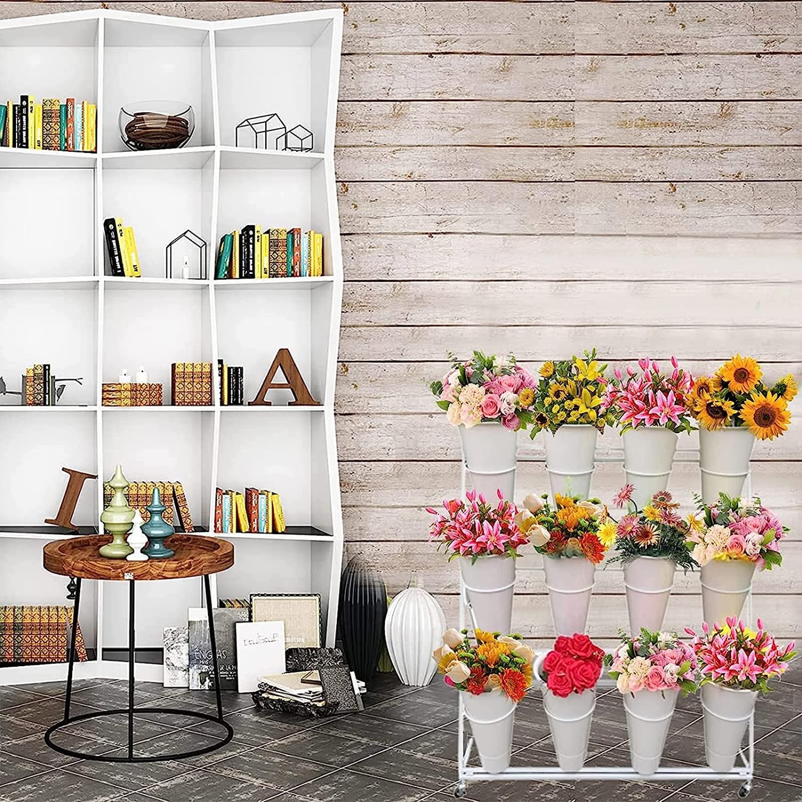 lagen metalen plantenstandaard met wielen, moderne bloemenplank met bloemenemmer, indoor outdoor bloemenstandaard bloemenrek voor tuin terras balkon bloemist