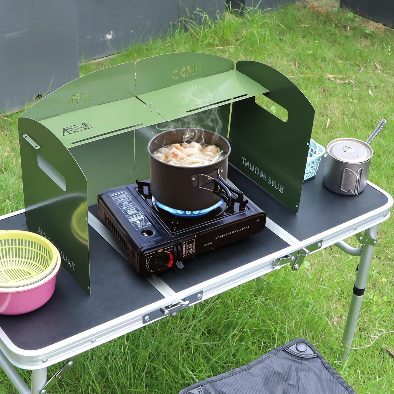 Parabrezza per fornello da campeggio Parabrezza per stufa con borsa stufa esterna parabrezza pieghevole a 5 piastre per trekking, picnic, cucina, accessori da campeggio (verde militare)