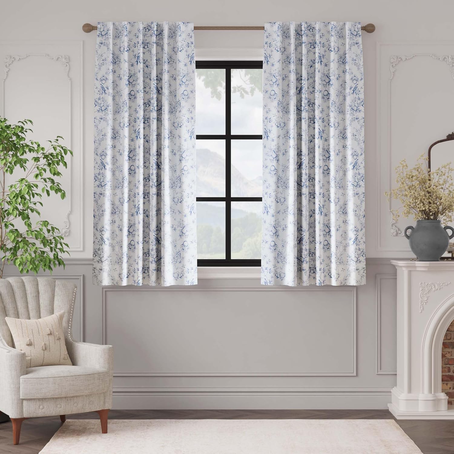 Vangao Blue 100% Blackout Curtains for Bedroom 63 Inch Length, Country Flower Floral Curtains for Living Room Toile Cottagecore Thermal Insulated Window Drapes, 2 Panels Blue and White - Image 2