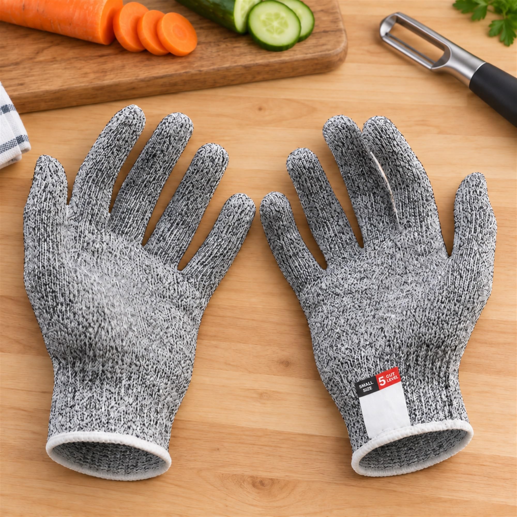 Polyethylene, Glass Fiber and Spandex Work Gloves, Knitted Hand Coverings for Kitchen Tasks and Workshop Handling