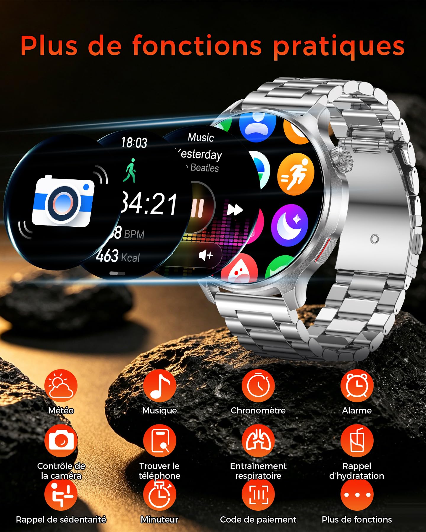 Montre Connectée Homme 1,52", Batterie 1000 mAh, Appels Bluetooth | Fréquence Cardiaque, SpO₂, Sommeil et Stress, 120+ Modes Sport, Podomètre, IP68 Étanche, Android iOS, Deux Bracelets, Argent